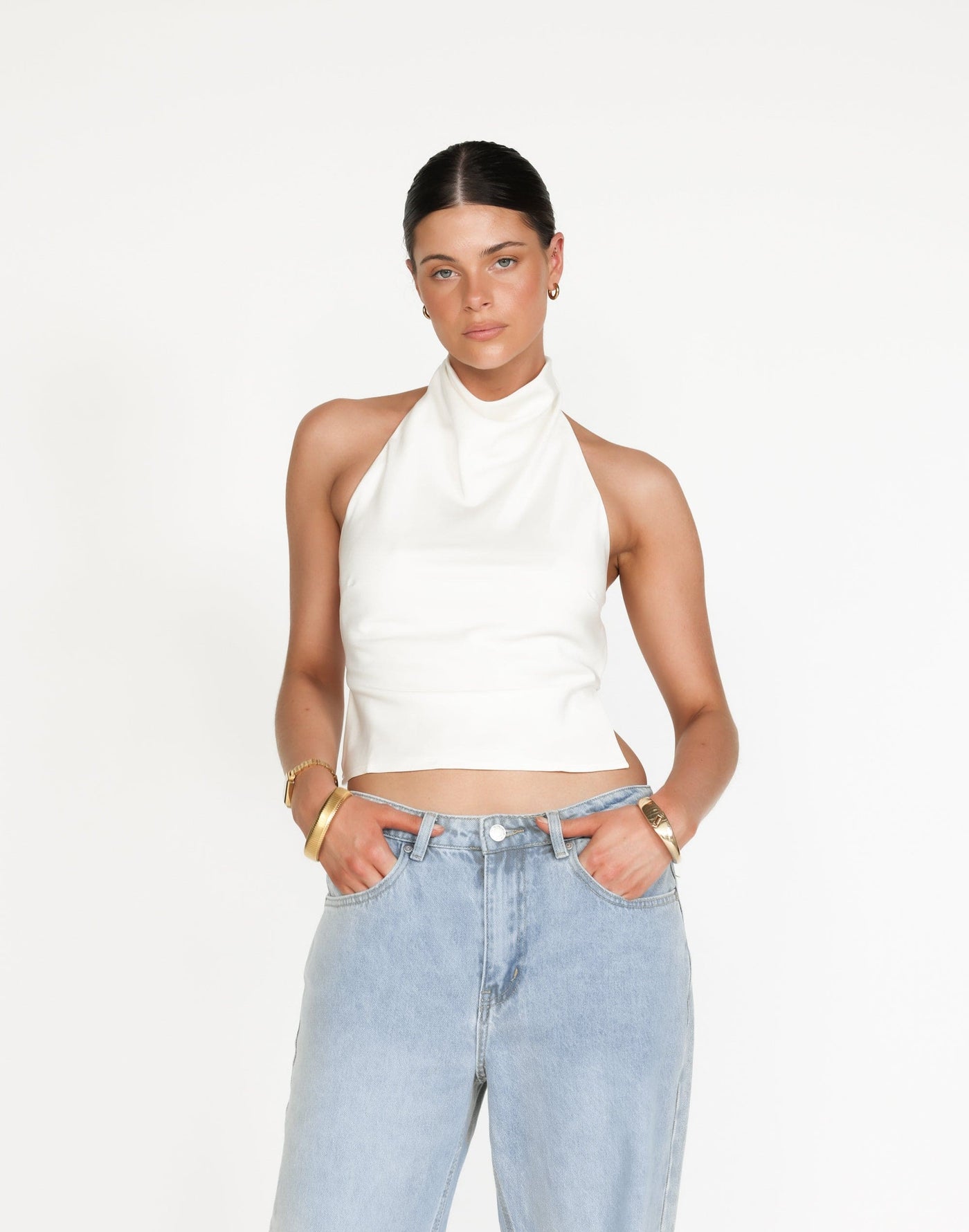 Clara Top (White) | CHARCOAL Exclusive - High Neck Satin Backless Top - Women's Top - Charcoal Clothing