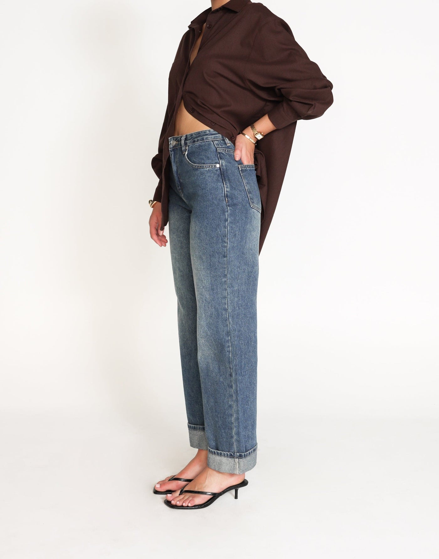 Orson Jeans (Faded Mid Wash) | CHARCOAL Exclusive - High Waisted Straight Leg Cuff Detail Jeans - Women's Pants - Charcoal Clothing