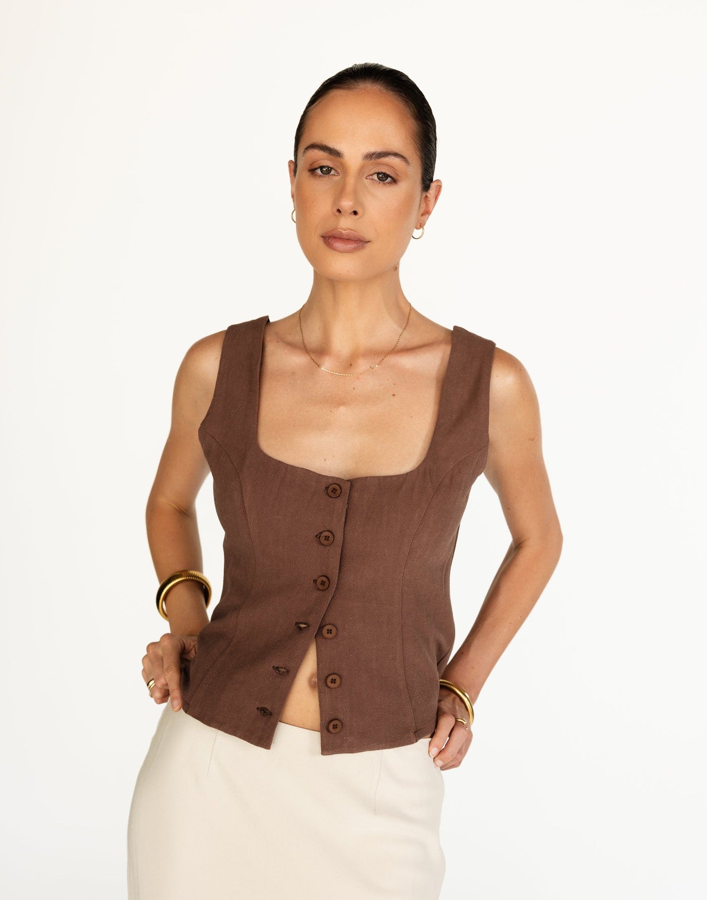 Joni Top (Espresso) | CHARCOAL Exclusive - Rounded Neckline Button Closure Linen Top - Women's Top - Charcoal Clothing