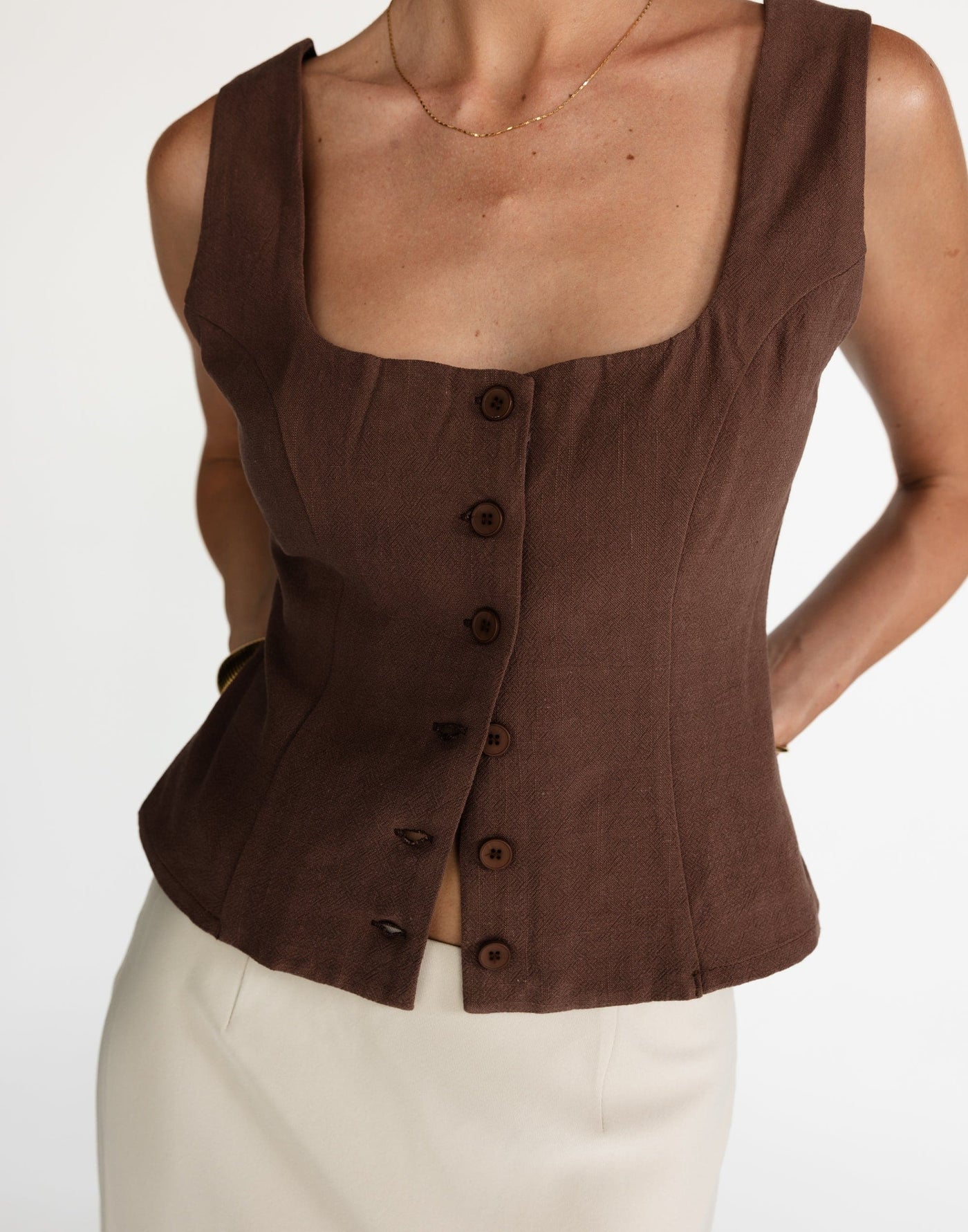 Joni Top (Espresso) | CHARCOAL Exclusive - Rounded Neckline Button Closure Linen Top - Women's Top - Charcoal Clothing