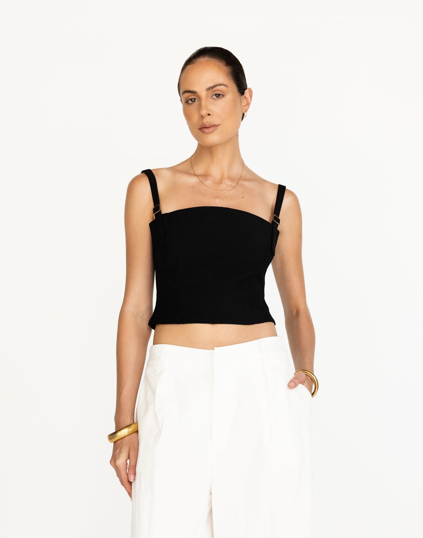 Dominique Top (Black) | CHARCOAL Exclusive - Straight Neckline Fitted Waist Top - Women's Top - Charcoal Clothing