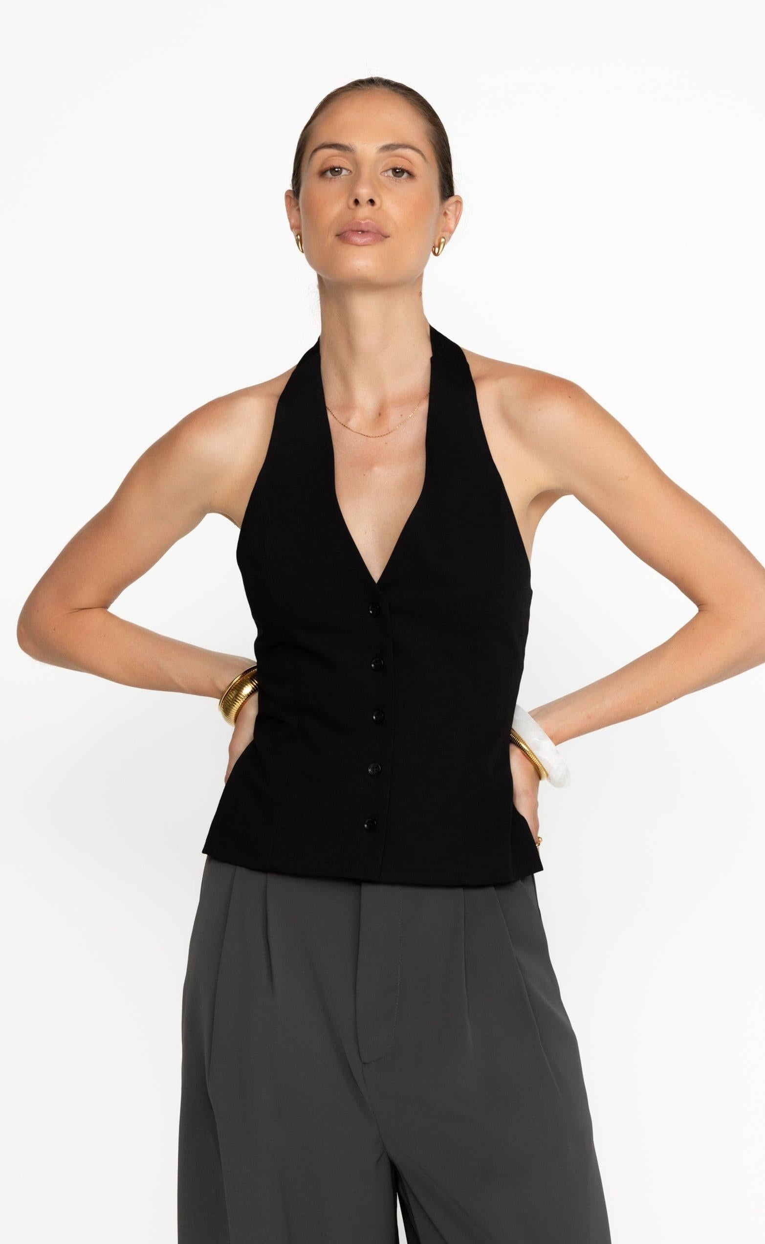 Serafina Top (Black) - Halter Neck Open Back Longline Top – CHARCOAL