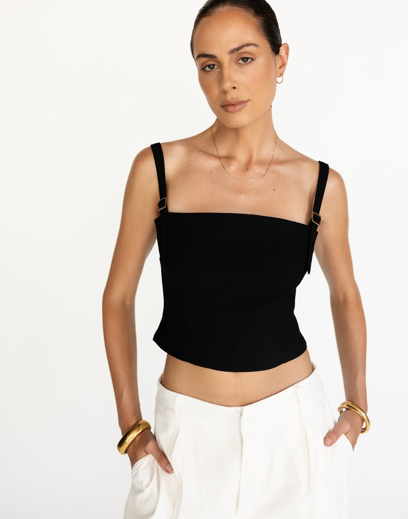 Dominique Top (Black) | CHARCOAL Exclusive - Straight Neckline Fitted Waist Top - Women's Top - Charcoal Clothing