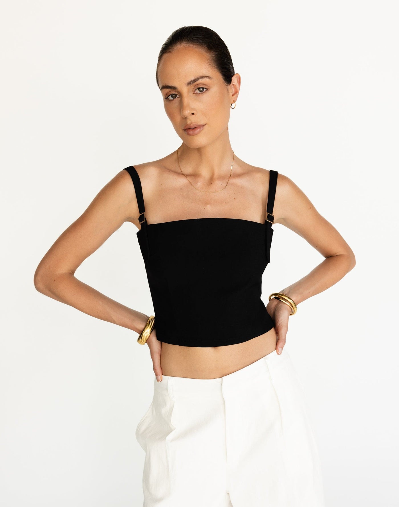 Dominique Top (Black) | CHARCOAL Exclusive - Straight Neckline Fitted Waist Top - Women's Top - Charcoal Clothing