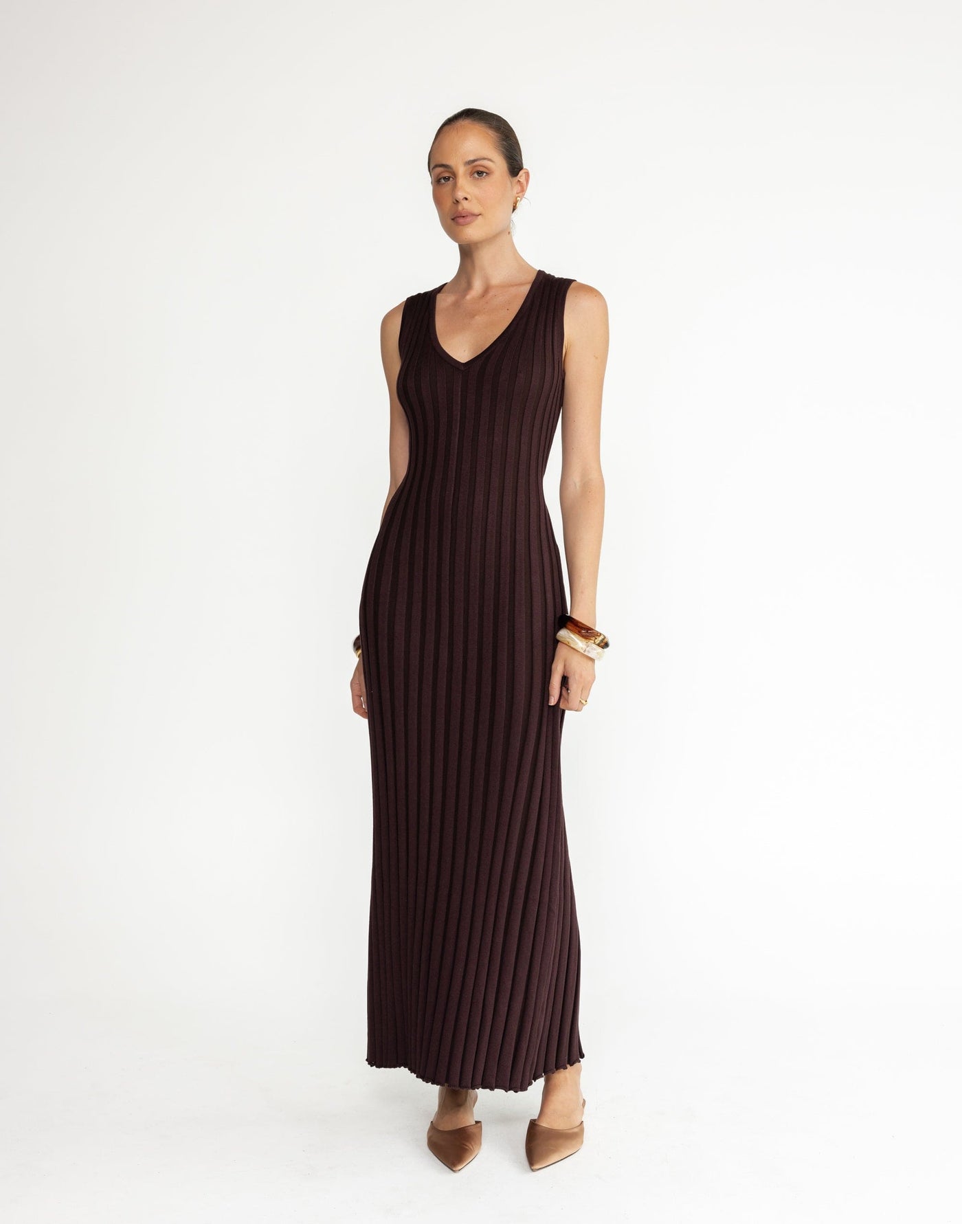 Mariposa Maxi Dress (Chocolate) | CHARCOAL Exclusive - V-neck Adjustable Waist Tie Ribbed Bodycon Dress - Women's Dress - Charcoal Clothing