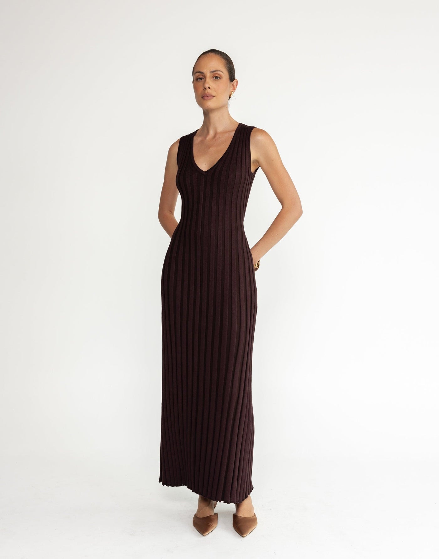 Mariposa Maxi Dress (Chocolate) | CHARCOAL Exclusive - V-neck Adjustable Waist Tie Ribbed Bodycon Dress - Women's Dress - Charcoal Clothing