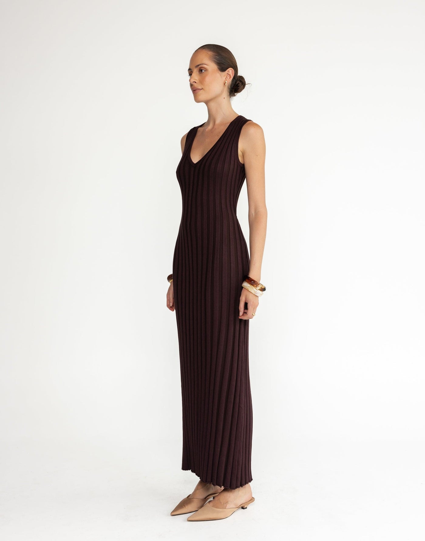 Mariposa Maxi Dress (Chocolate) | CHARCOAL Exclusive - V-neck Adjustable Waist Tie Ribbed Bodycon Dress - Women's Dress - Charcoal Clothing