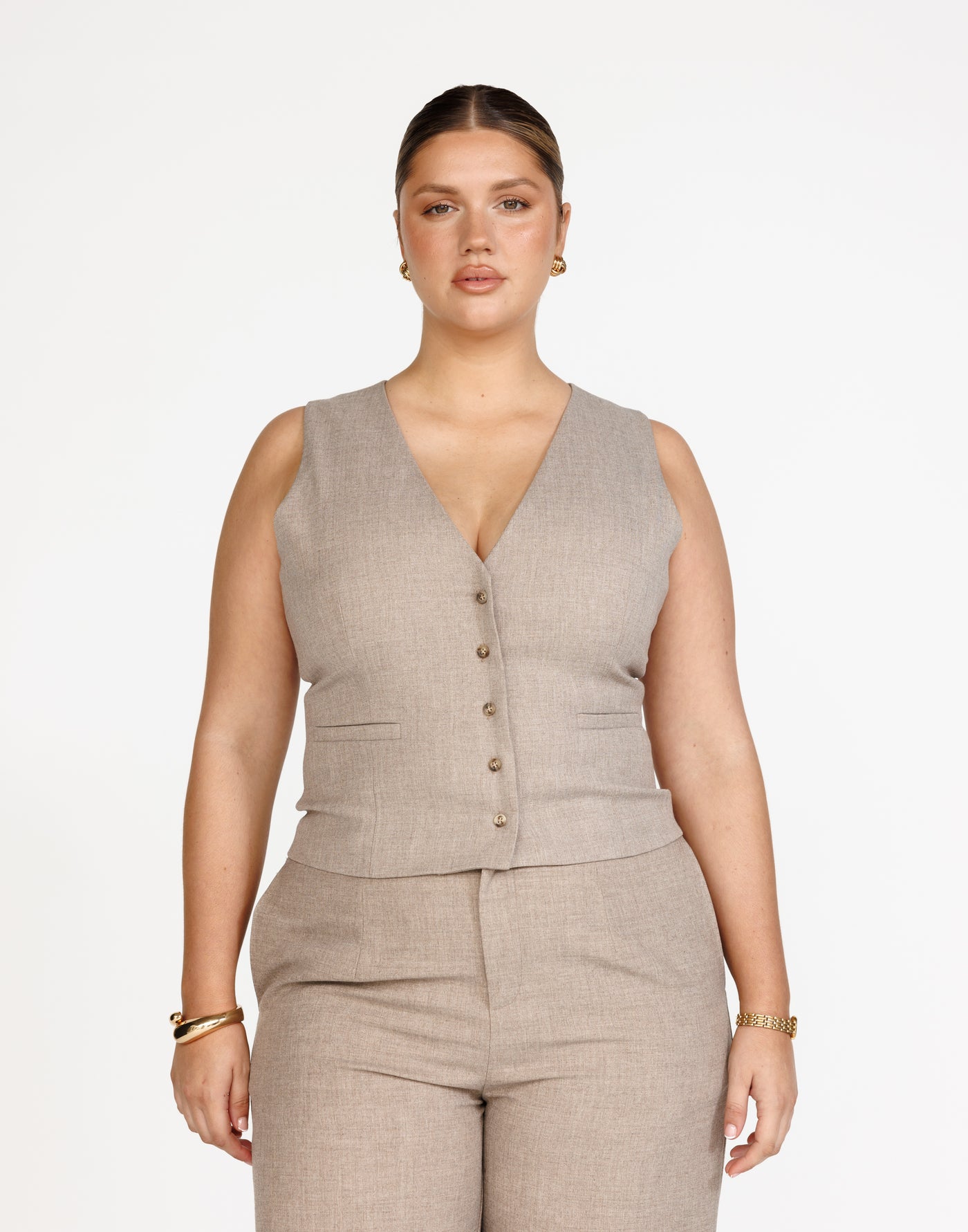 Reagan Vest (Stone) | CHARCOAL Exclusive - V-neckline Longline Button Closure Vest Top - Women's Top - Charcoal Clothing