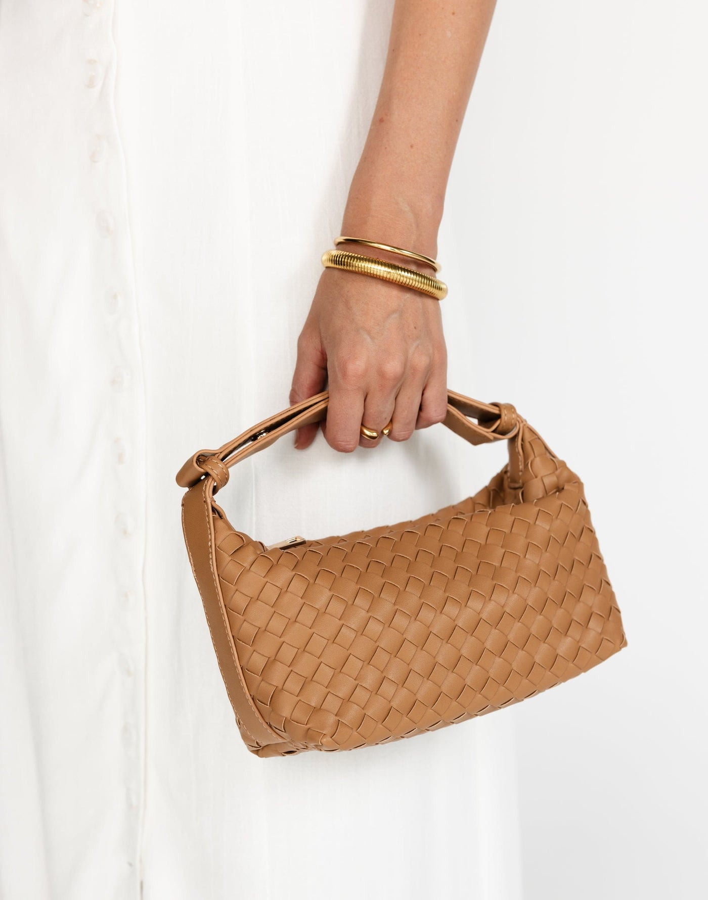 Isabelle Handle Bag (Tan) - By Billini - Woven Detail Skinny Strap Bag - Women's Accessories - Charcoal Clothing