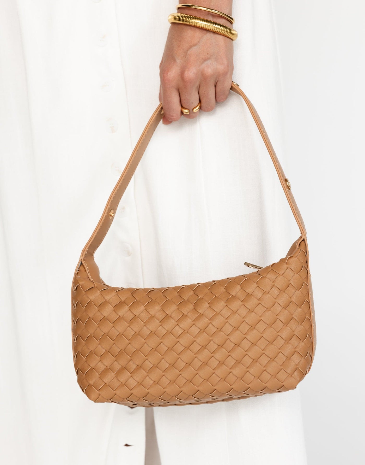 Isabelle Handle Bag (Tan) - By Billini - Woven Detail Skinny Strap Bag - Women's Accessories - Charcoal Clothing