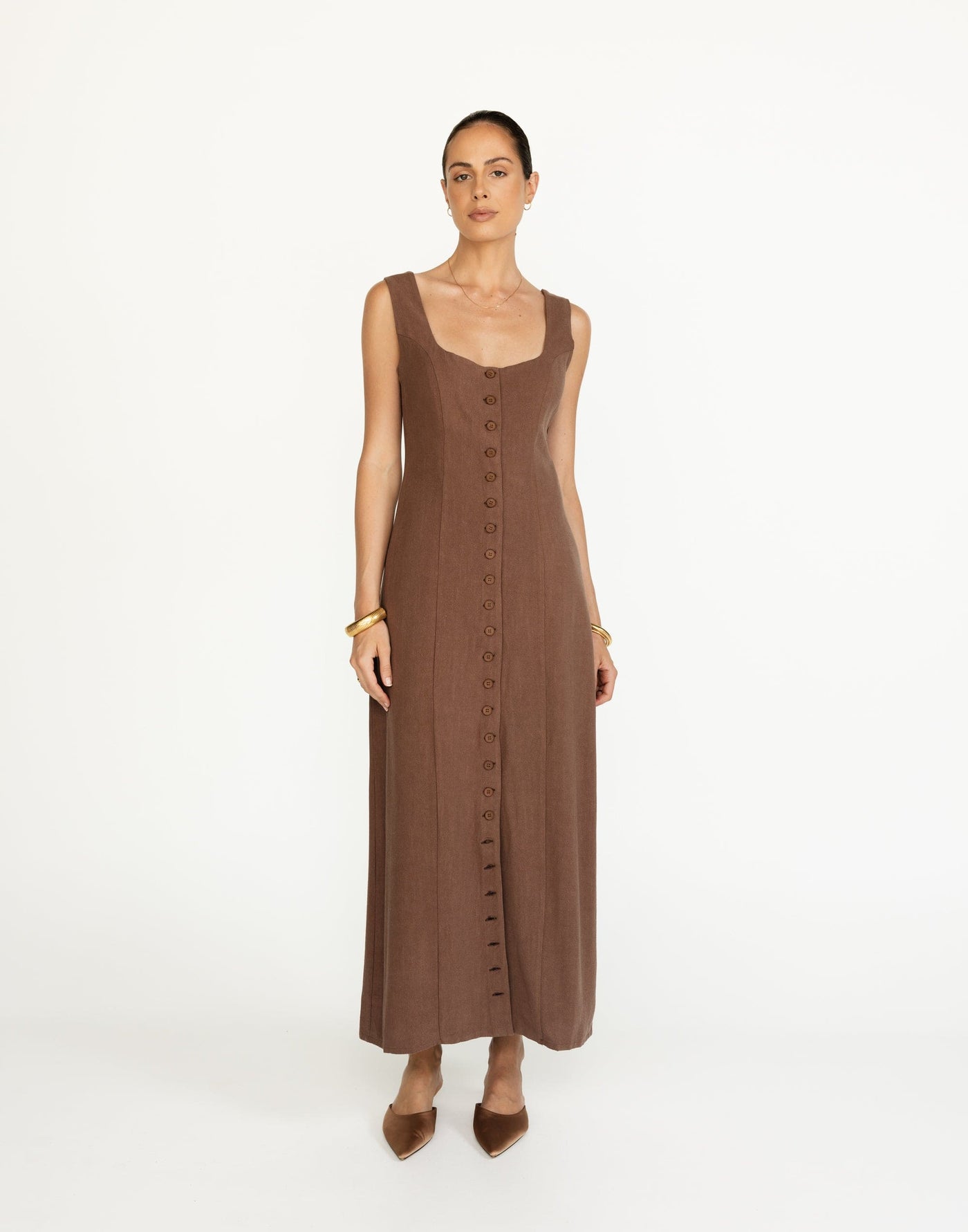 Joni Maxi Dress (Espresso) | CHARCOAL Exclusive - Rounded Neckline Button Closure Linen Maxi Dress - Women's Dress - Charcoal Clothing