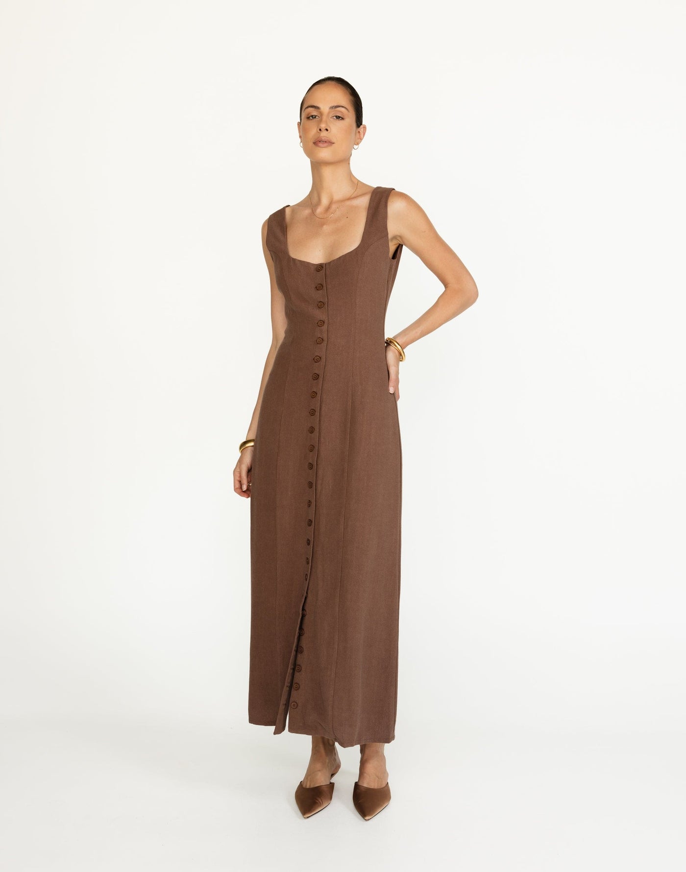 Joni Maxi Dress (Espresso) | CHARCOAL Exclusive - Rounded Neckline Button Closure Linen Maxi Dress - Women's Dress - Charcoal Clothing