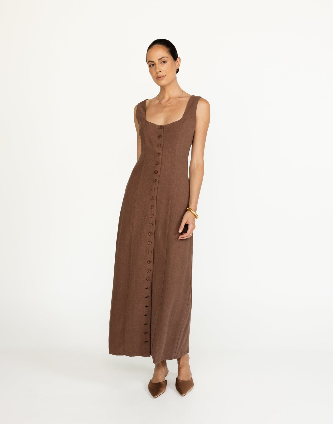 Joni Maxi Dress (Espresso) | CHARCOAL Exclusive - Rounded Neckline Button Closure Linen Maxi Dress - Women's Dress - Charcoal Clothing