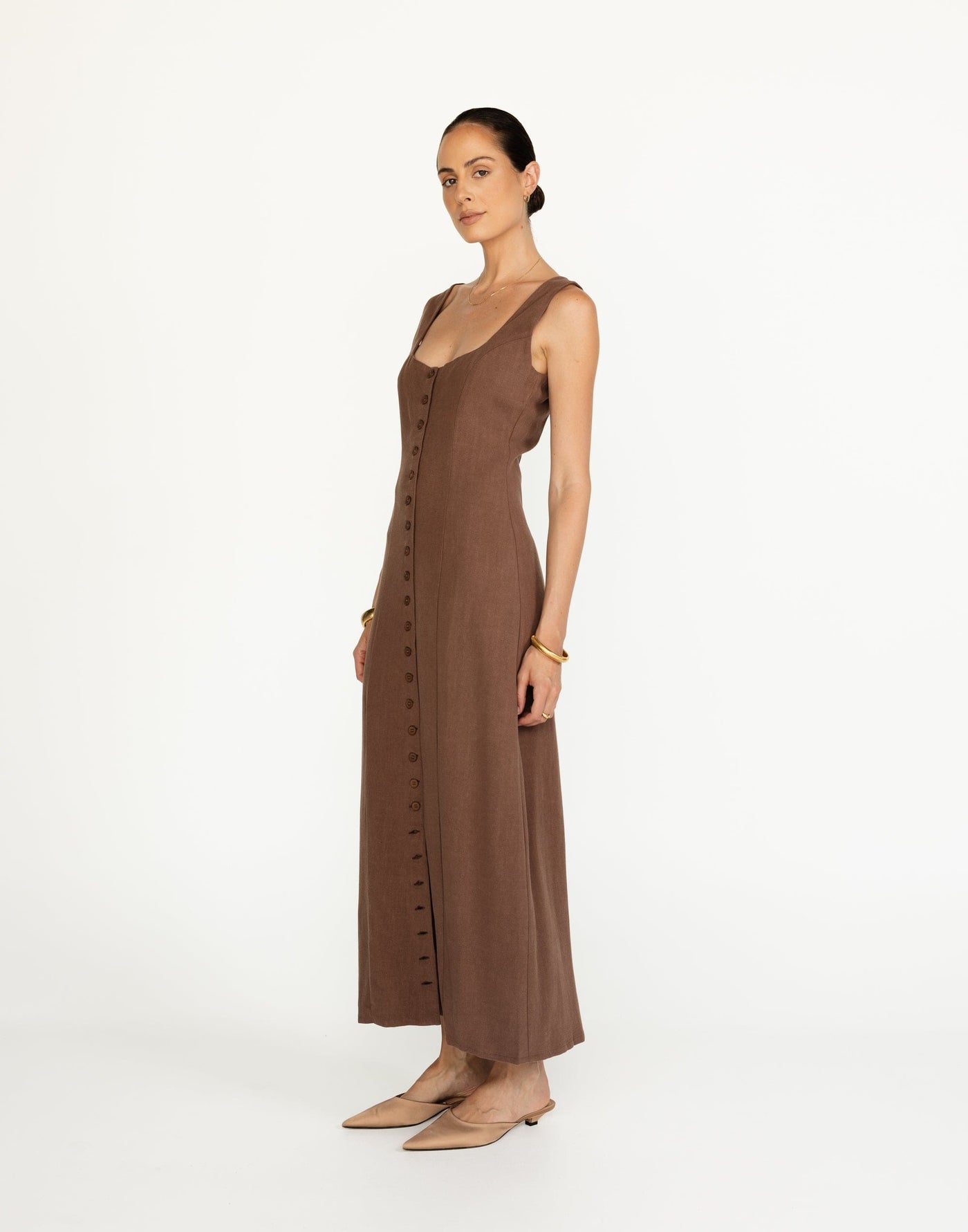 Joni Maxi Dress (Espresso) | CHARCOAL Exclusive - Rounded Neckline Button Closure Linen Maxi Dress - Women's Dress - Charcoal Clothing