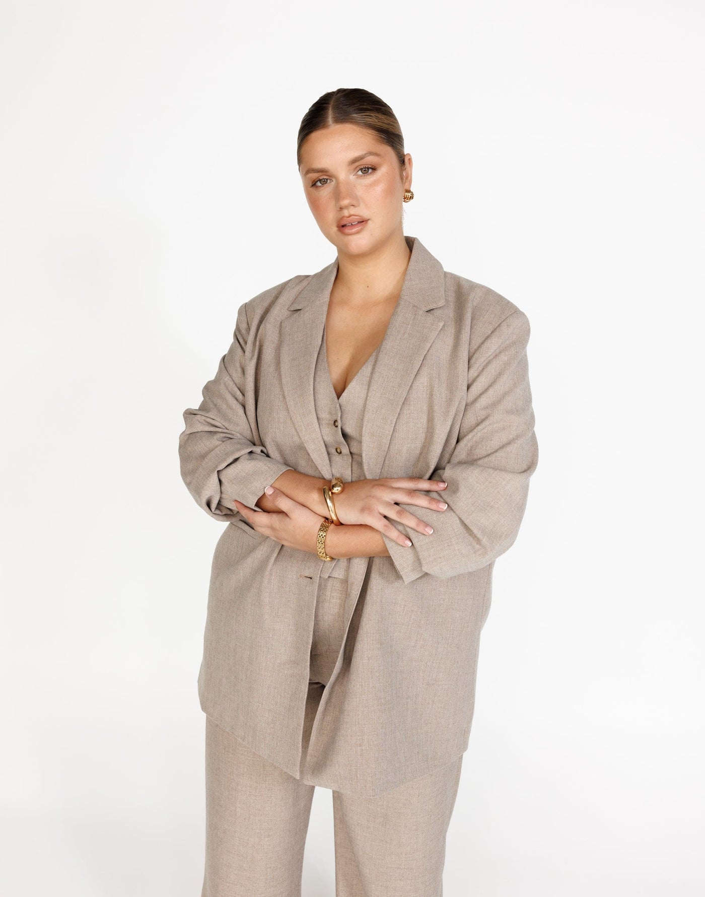 Reagan Blazer (Stone) | CHARCOAL Exclusive - Oversized Textured Collared Neckline Functional Pocket Blazer - Women's Outerwear - Charcoal Clothing