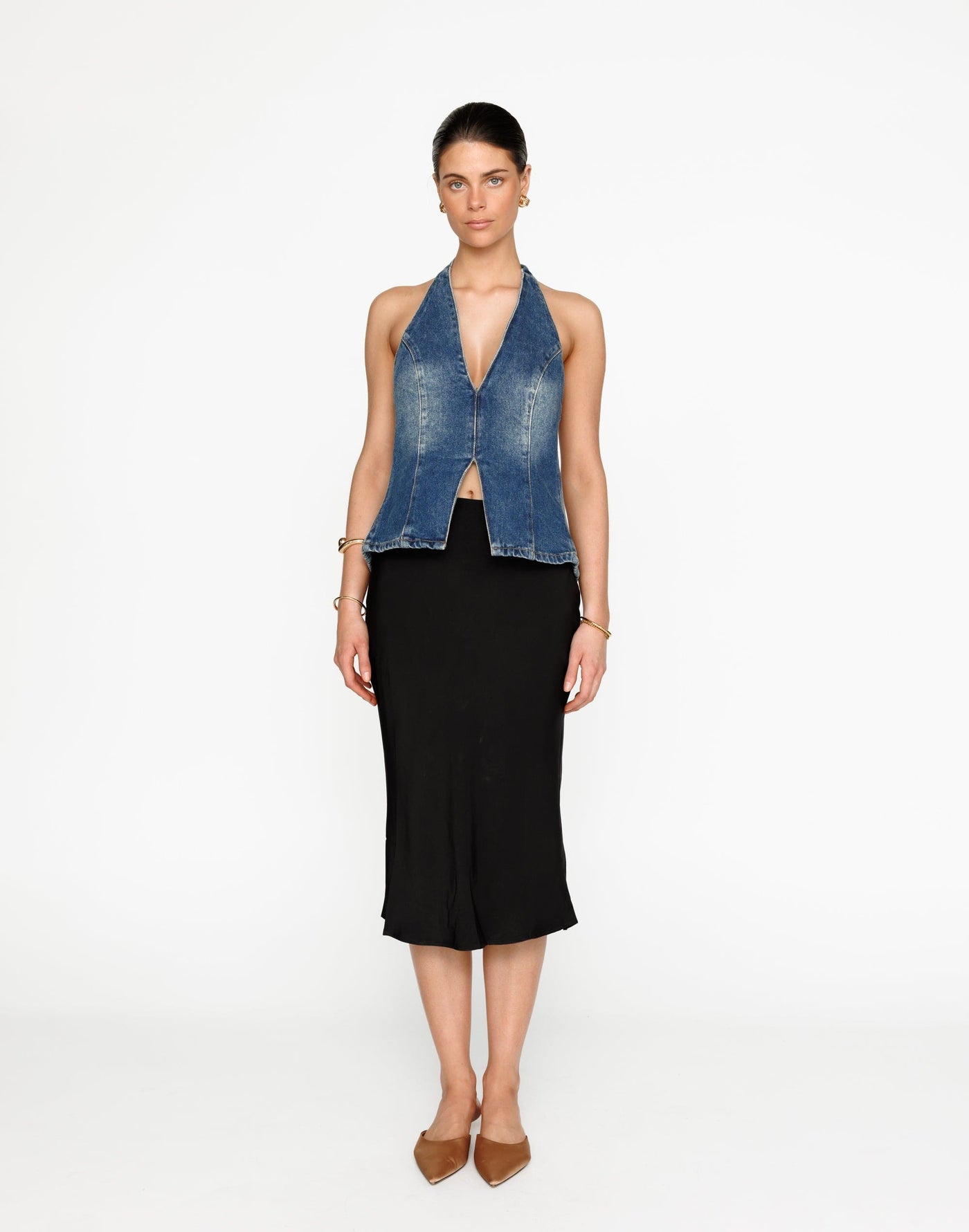 Elham Denim Top (Faded Mid Wash) | CHARCOAL Exclusive - Relaxed Fit Long Halter V-Neck Top - Women's Top - Charcoal Clothing