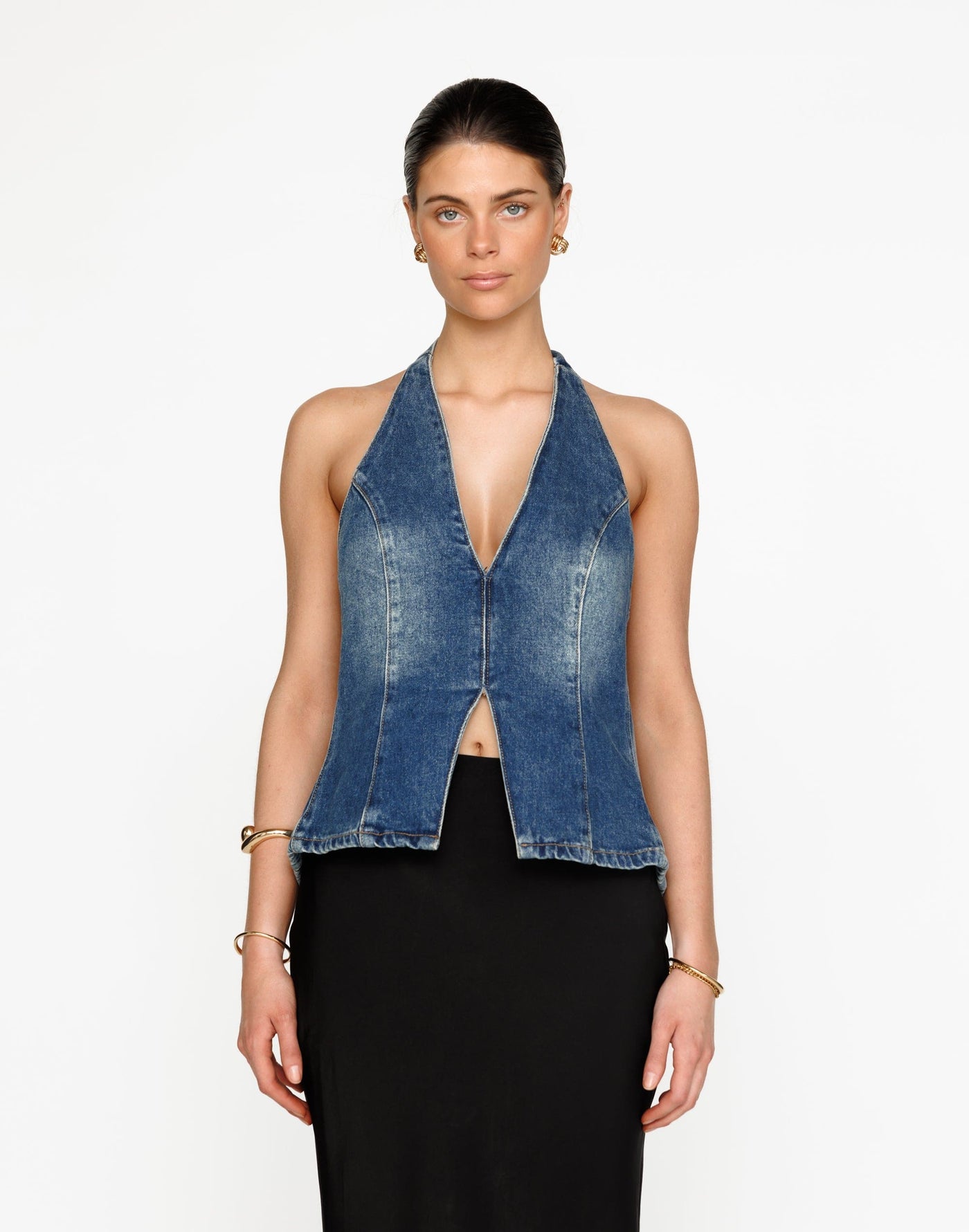 Elham Denim Top (Faded Mid Wash) | CHARCOAL Exclusive - Relaxed Fit Long Halter V-Neck Top - Women's Top - Charcoal Clothing