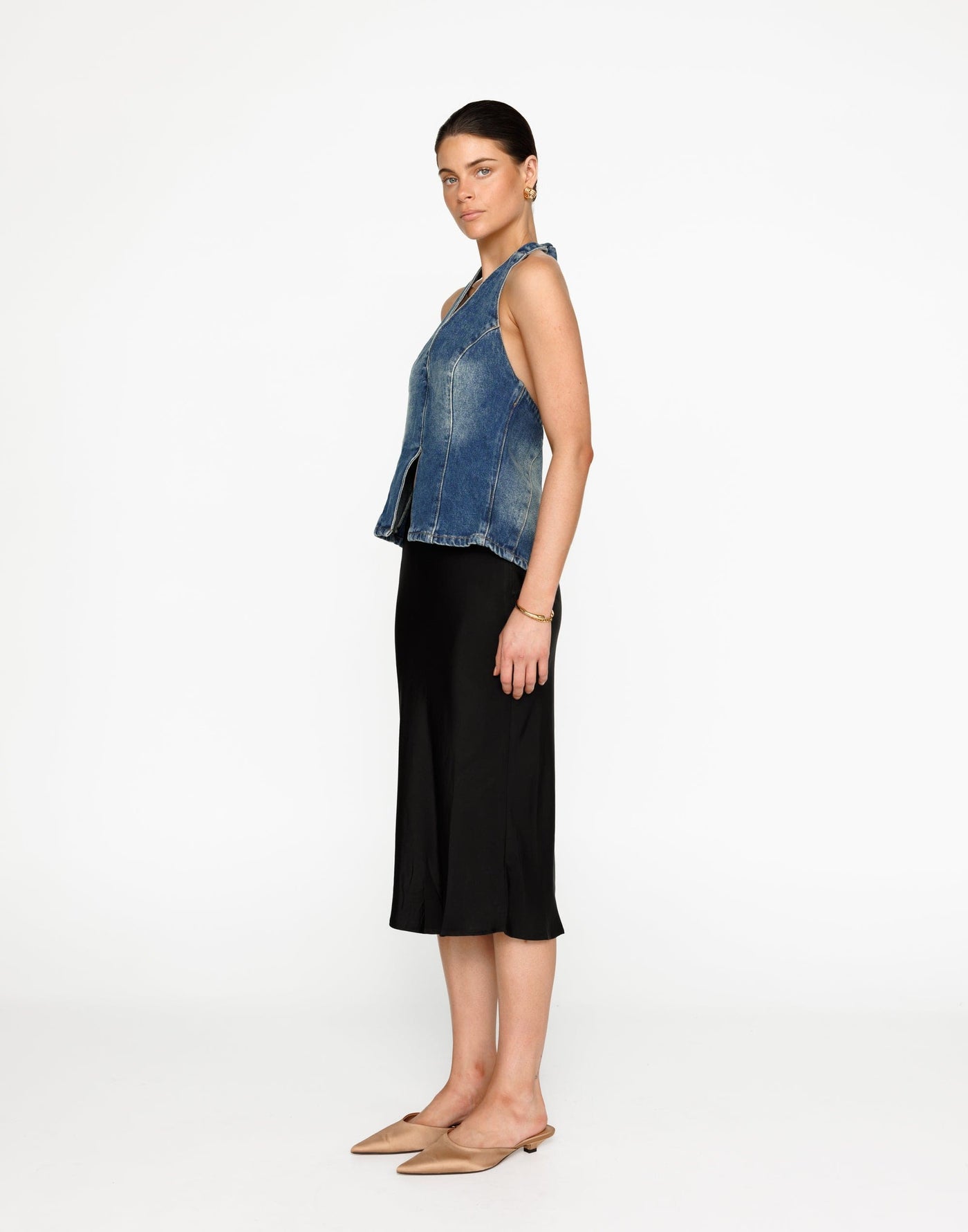 Elham Denim Top (Faded Mid Wash) | CHARCOAL Exclusive - Relaxed Fit Long Halter V-Neck Top - Women's Top - Charcoal Clothing