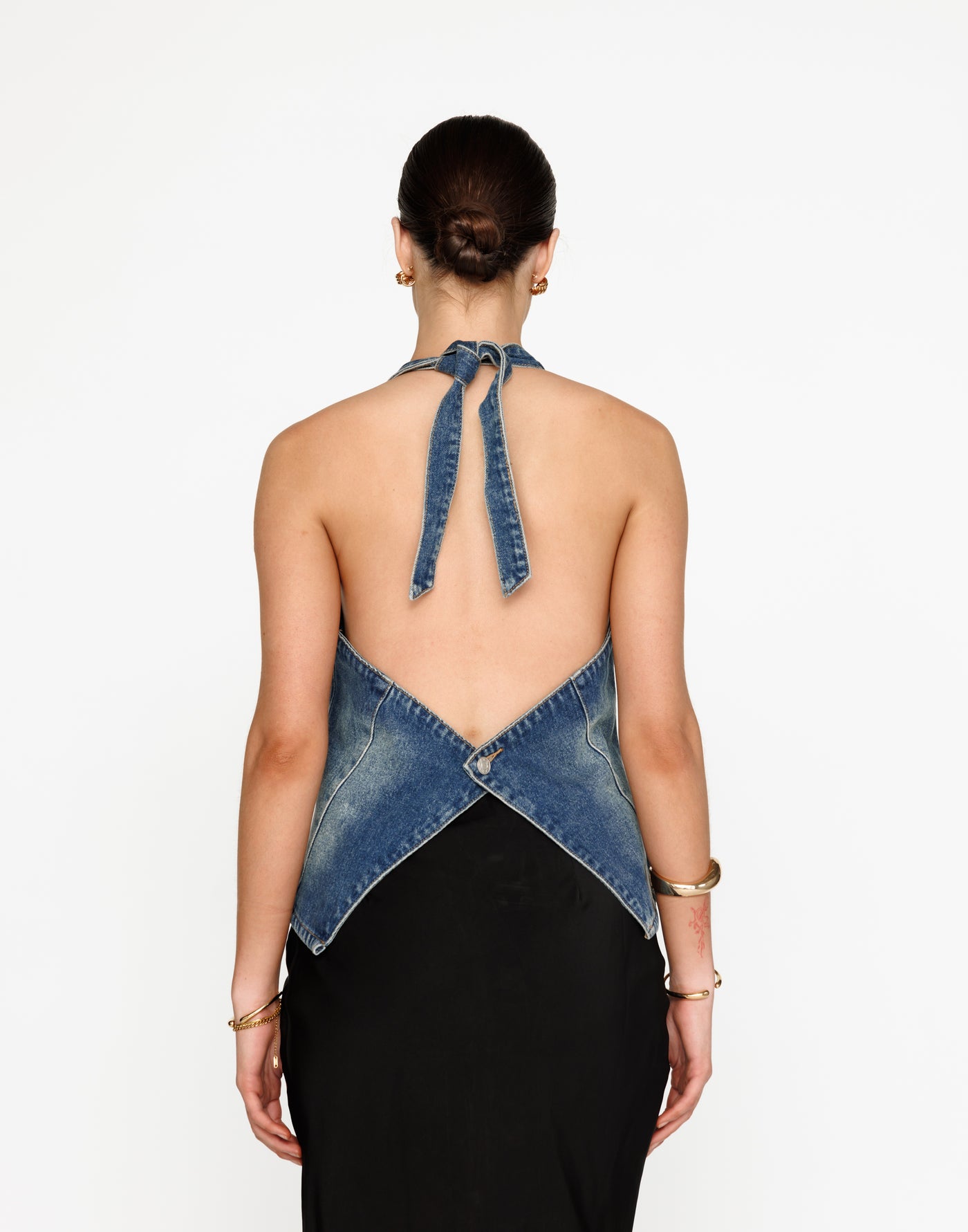 Elham Denim Top (Faded Mid Wash) | CHARCOAL Exclusive - Relaxed Fit Long Halter V-Neck Top - Women's Top - Charcoal Clothing