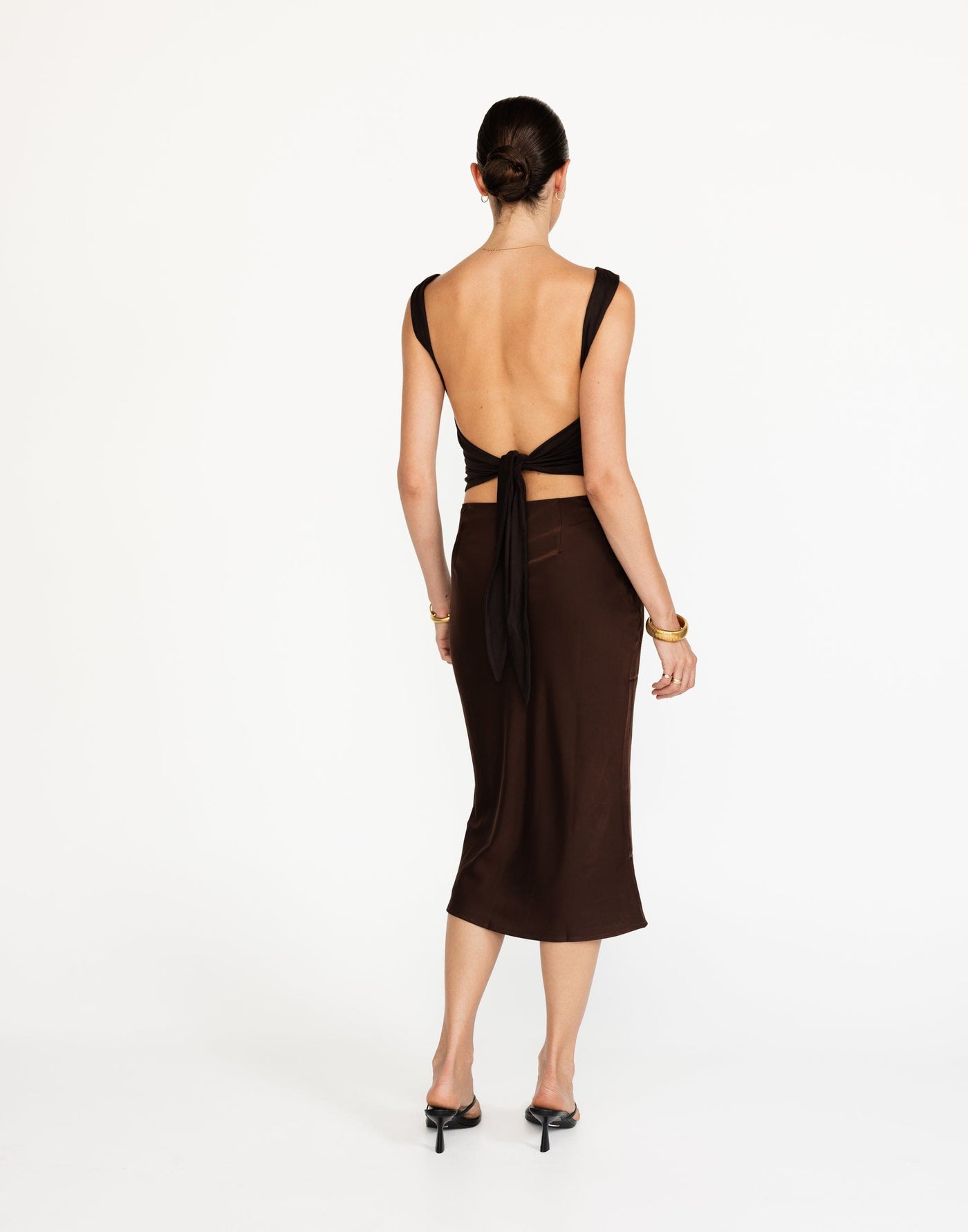 Romina Top (Chocolate) | CHARCOAL Exclusive - Butter Jersey Backless Tie Up Waist - Women's Top - Charcoal Clothing