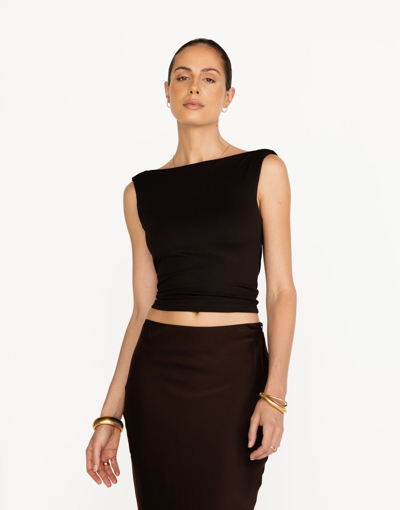 Romina Top (Chocolate) | CHARCOAL Exclusive - Butter Jersey Backless Tie Up Waist - Women's Top - Charcoal Clothing