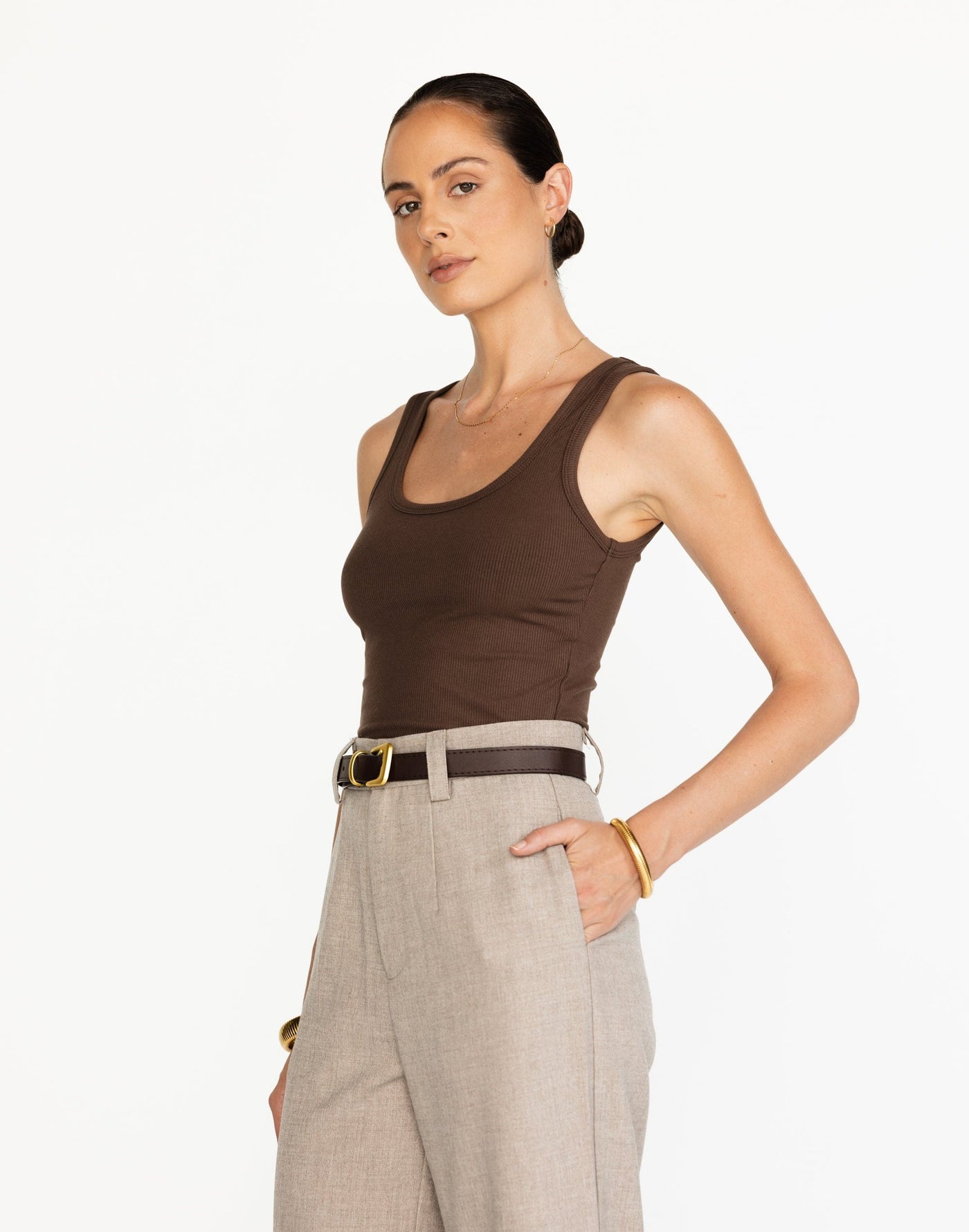 Briley Top (Oak) | CHARCOAL Exclusive - Ribbed Lined Basic Tank Top - Women's Top - Charcoal Clothing