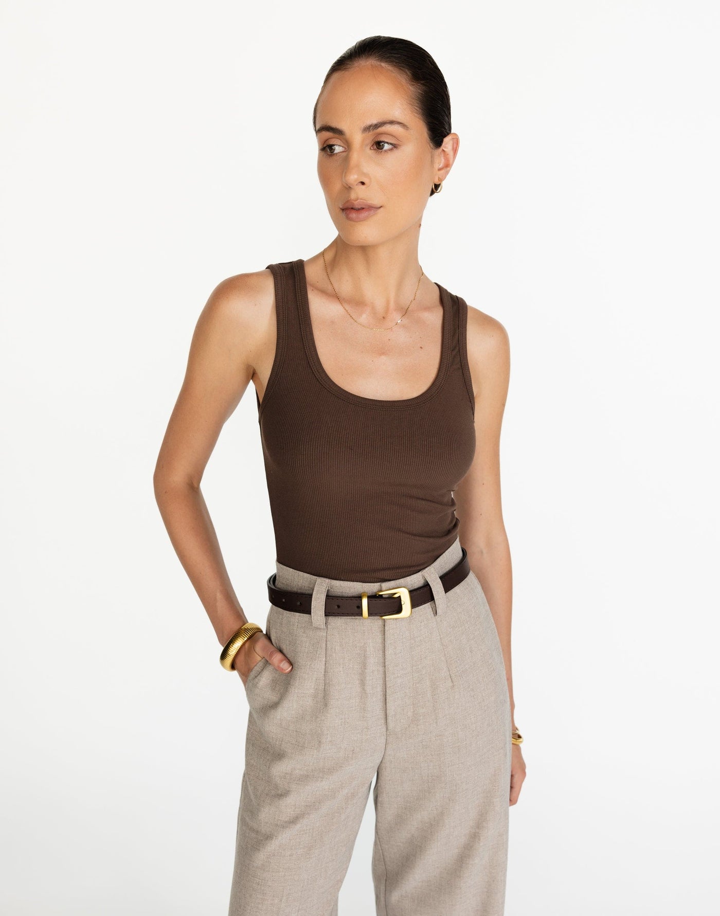 Briley Top (Oak) | CHARCOAL Exclusive - Ribbed Lined Basic Tank Top - Women's Top - Charcoal Clothing