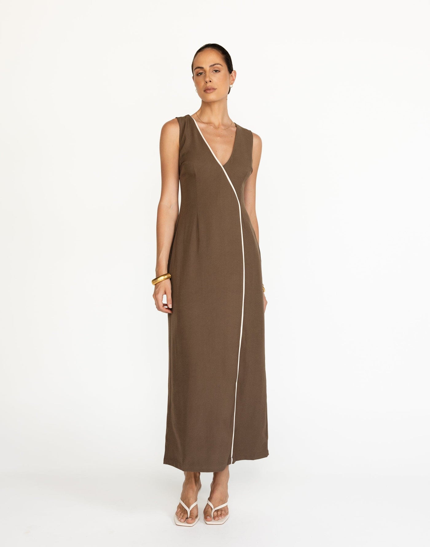 Luiza Maxi Dress (Coffee) | CHARCOAL Exclusive - Contrast Detail Fitted Waist Thick Straps Maxi - Women's Dress - Charcoal Clothing