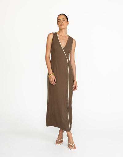 Luiza Maxi Dress (Coffee) | CHARCOAL Exclusive - Contrast Detail Fitted Waist Thick Straps Maxi - Women's Dress - Charcoal Clothing