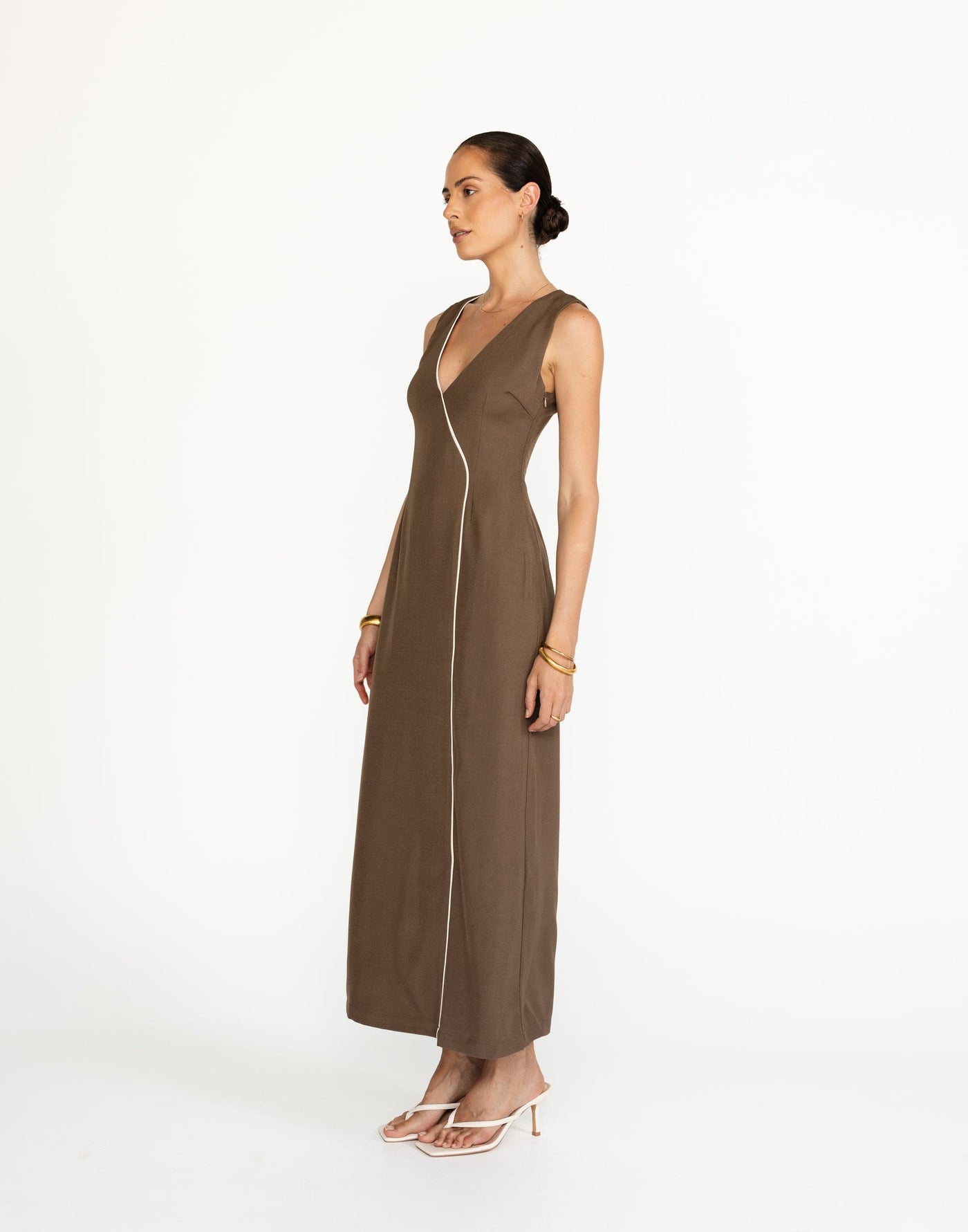 Luiza Maxi Dress (Coffee) | CHARCOAL Exclusive - Contrast Detail Fitted Waist Thick Straps Maxi - Women's Dress - Charcoal Clothing