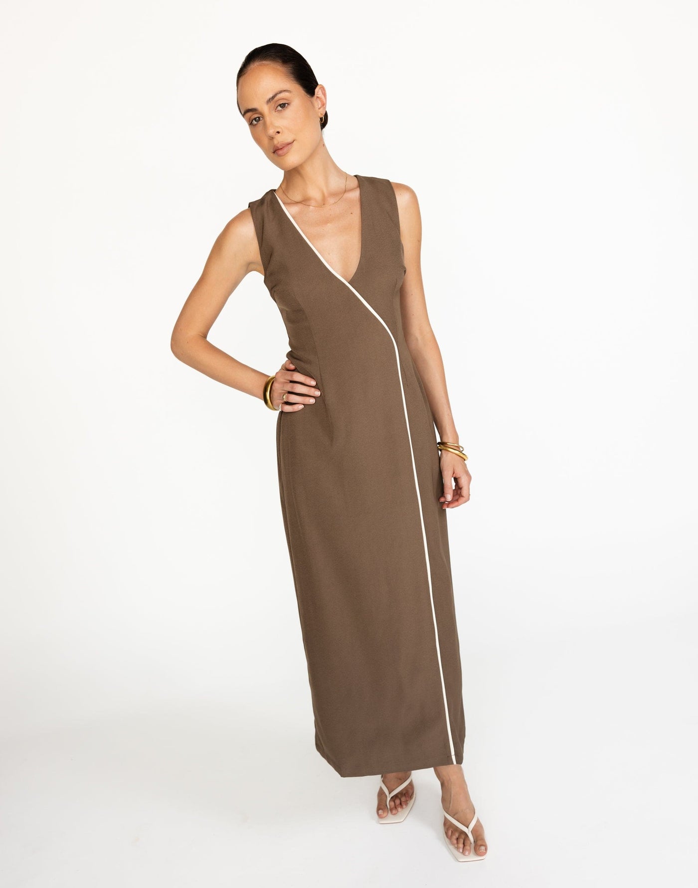 Luiza Maxi Dress (Coffee) | CHARCOAL Exclusive - Contrast Detail Fitted Waist Thick Straps Maxi - Women's Dress - Charcoal Clothing