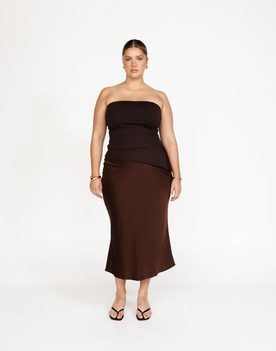 Monique Strapless Top (Chocolate) | Charcoal Exclusive - Bodycon Lined Jersey Asymmetrical Hemline Top - Women's Top - Charcoal Clothing