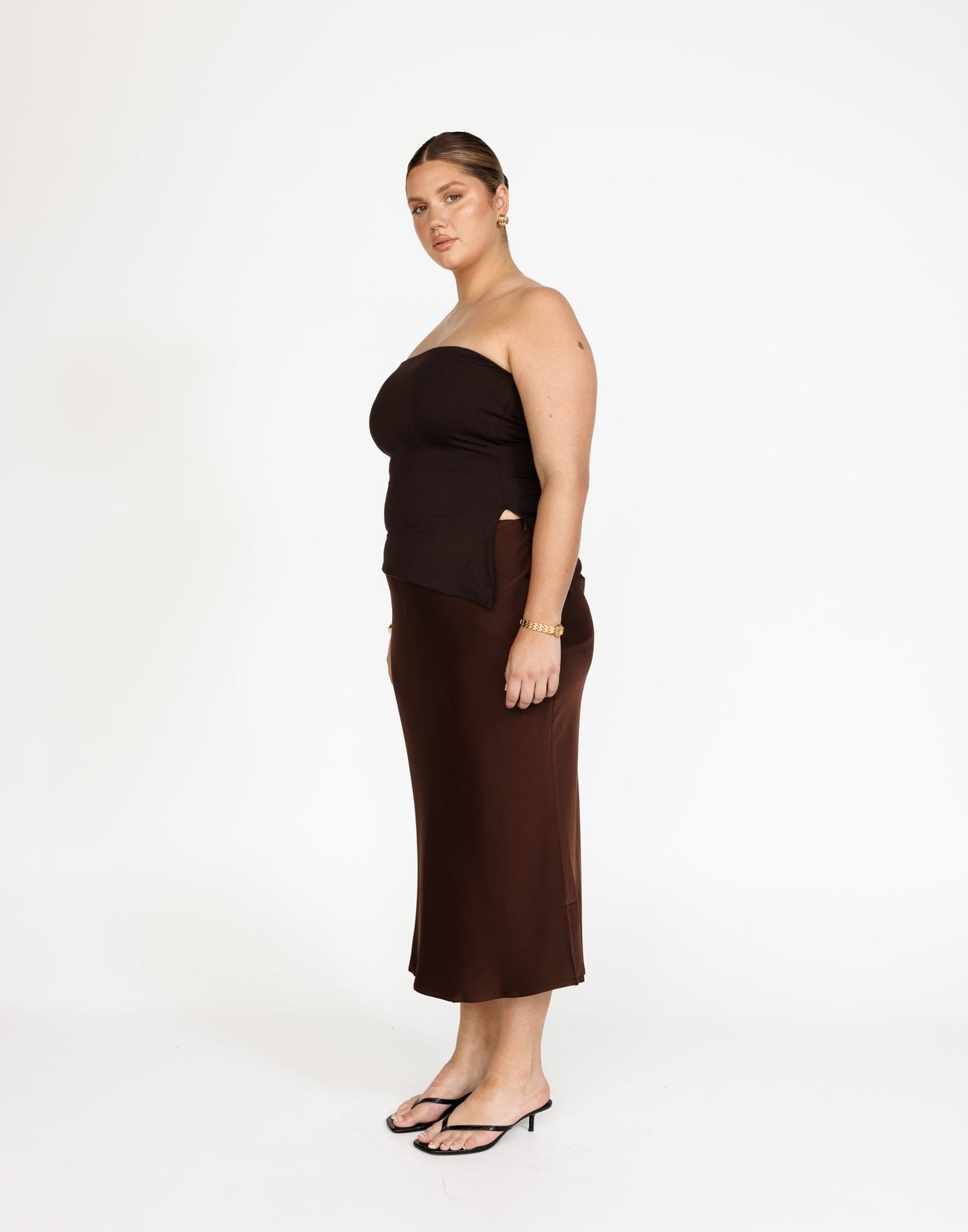 Monique Strapless Top (Chocolate) | Charcoal Exclusive - Bodycon Lined Jersey Asymmetrical Hemline Top - Women's Top - Charcoal Clothing