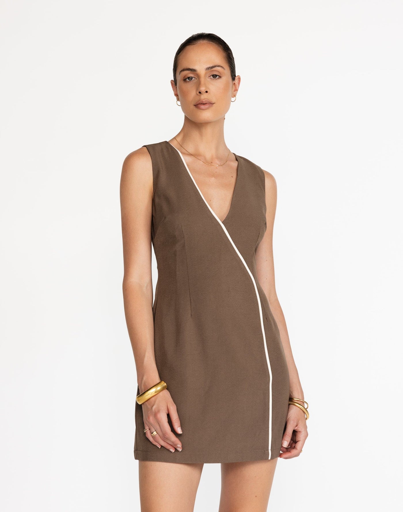 Luiza Mini Dress (Coffee) | CHARCOAL Exclusive - Contrast Detail Fitted Waist Thick Straps Mini - Women's Dress - Charcoal Clothing