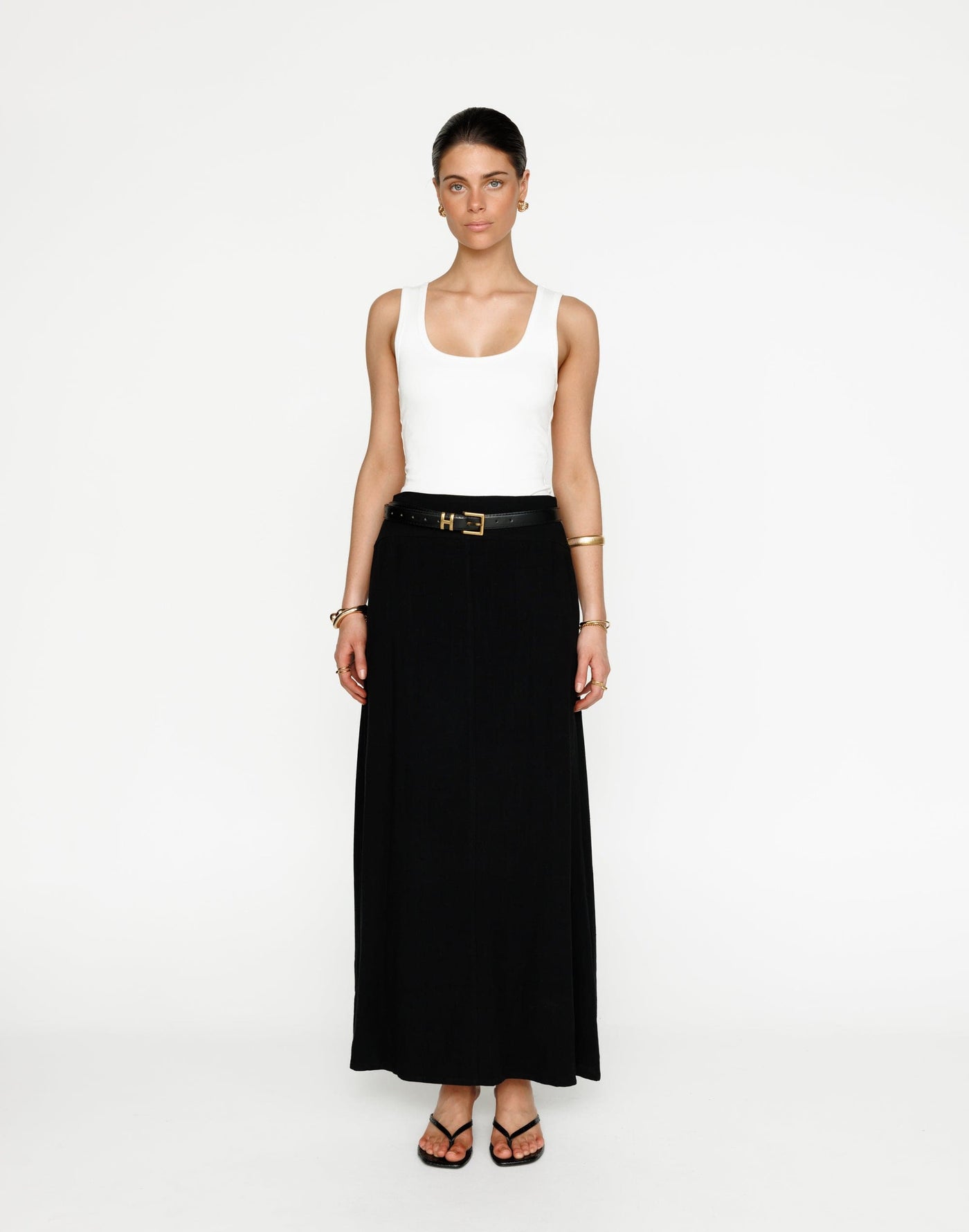 Lillian Maxi Skirt (Black) | CHARCOAL Exclusive - Low to Mid Rise Flared Linen Maxi Skirt - Women's Skirt - Charcoal Clothing