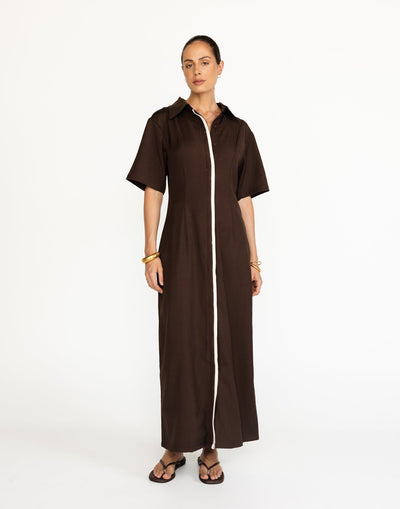 Vero Maxi Dress (Coffee) | CHARCOAL Exclusive - Contrast Detailing Bell Sleeve Fitted Waist Maxi - Women's Dress - Charcoal Clothing