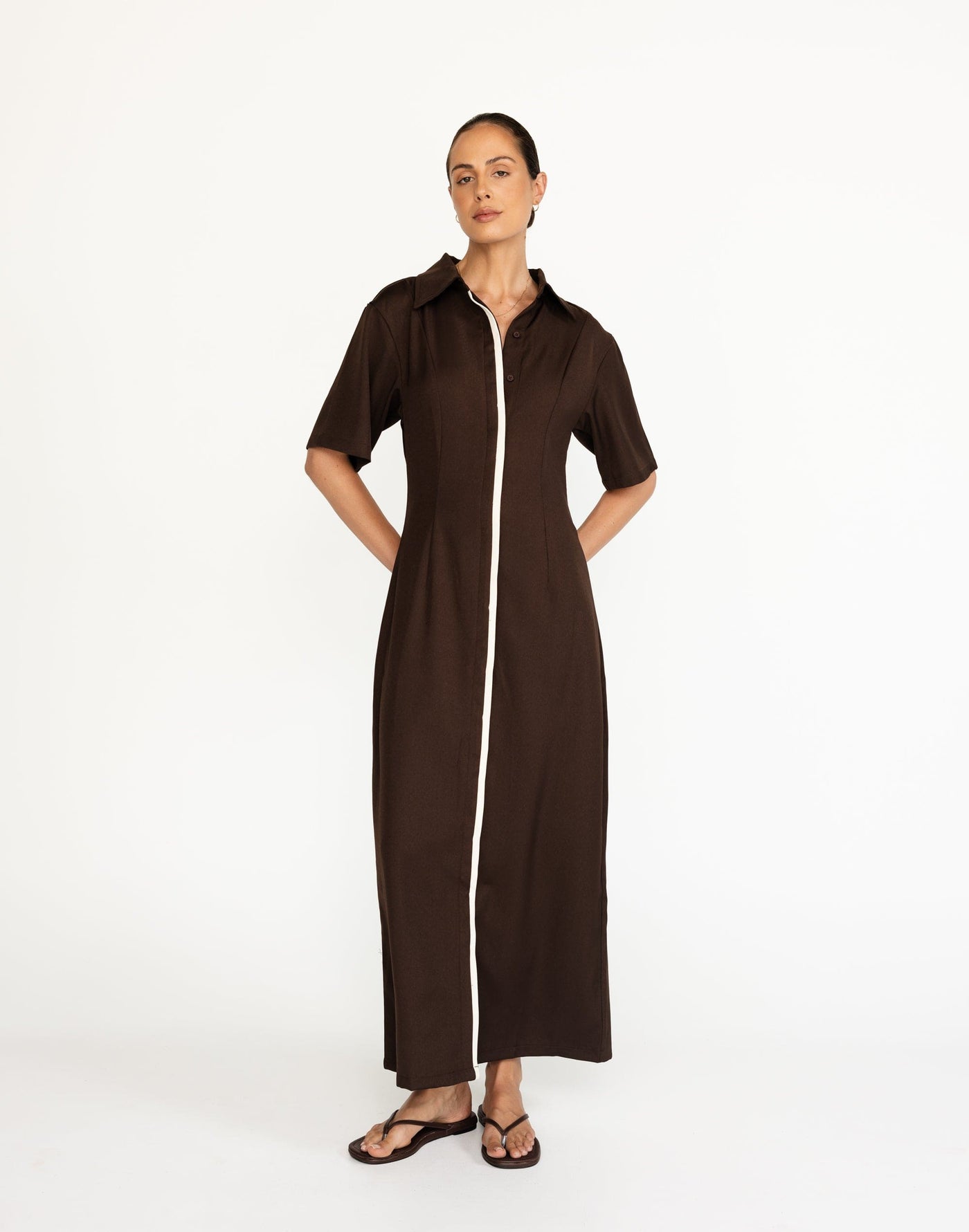 Vero Maxi Dress (Coffee) | CHARCOAL Exclusive - Contrast Detailing Bell Sleeve Fitted Waist Maxi - Women's Dress - Charcoal Clothing