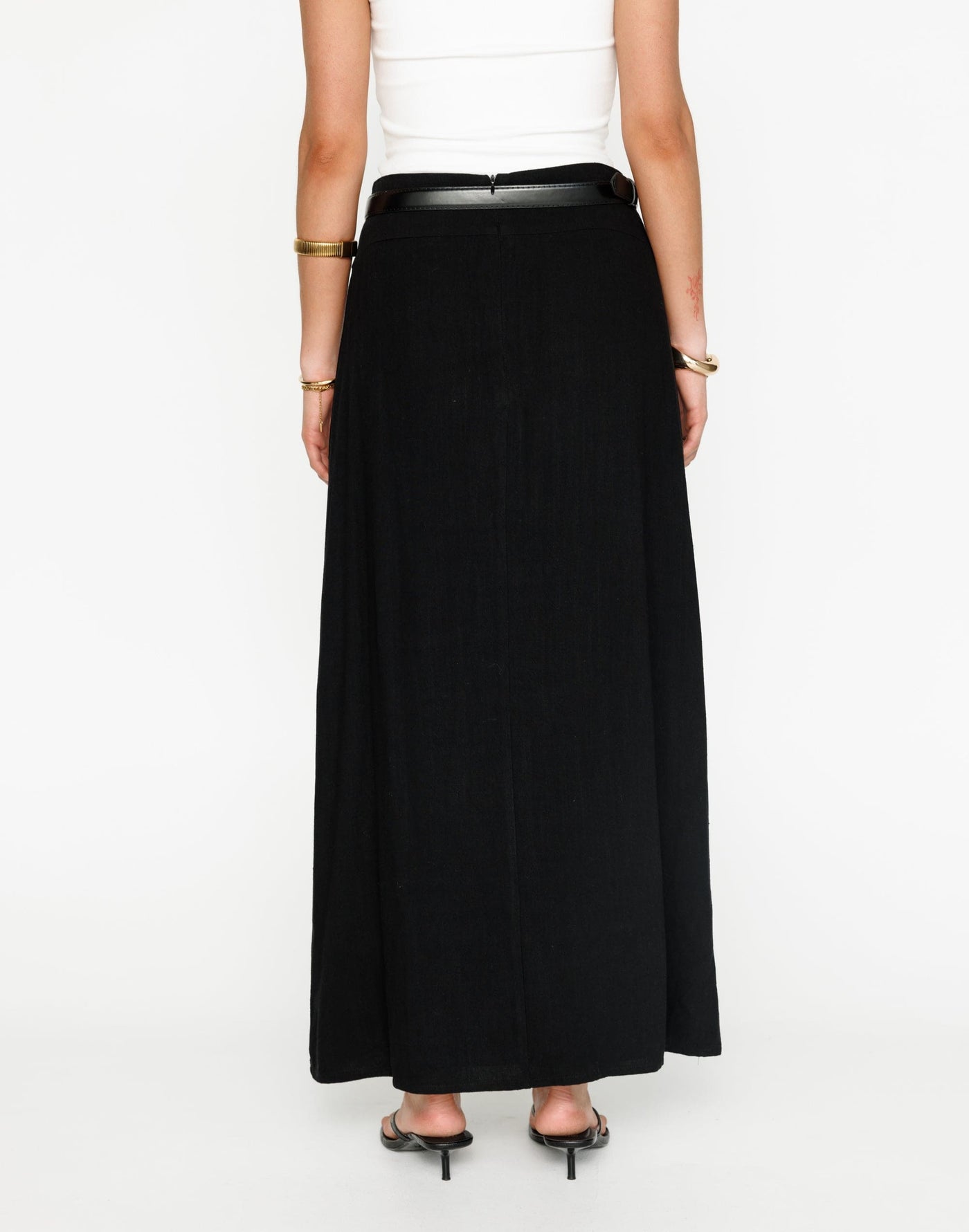 Lillian Maxi Skirt (Black) | CHARCOAL Exclusive - Low to Mid Rise Flared Linen Maxi Skirt - Women's Skirt - Charcoal Clothing