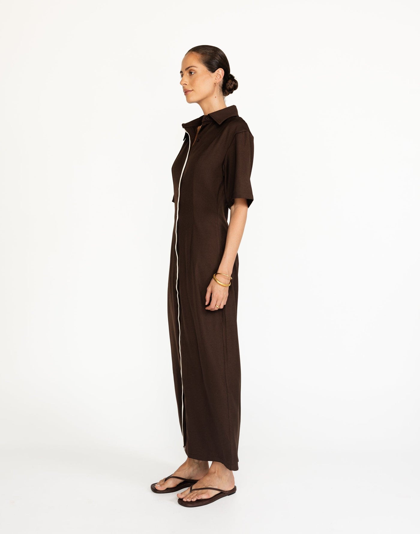 Vero Maxi Dress (Coffee) | CHARCOAL Exclusive - Contrast Detailing Bell Sleeve Fitted Waist Maxi - Women's Dress - Charcoal Clothing