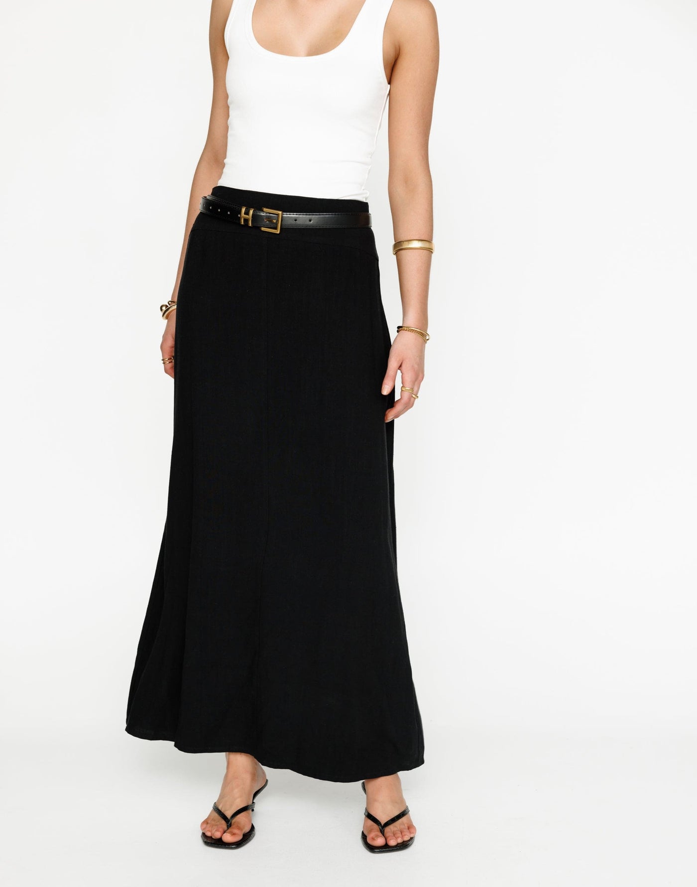 Lillian Maxi Skirt (Black) | CHARCOAL Exclusive - Low to Mid Rise Flared Linen Maxi Skirt - Women's Skirt - Charcoal Clothing