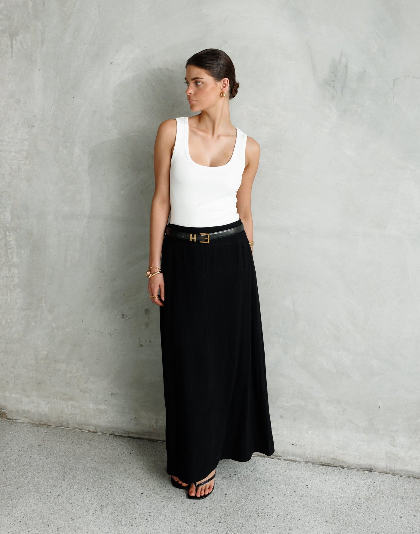 Lillian Maxi Skirt (Black) | CHARCOAL Exclusive - Low to Mid Rise Flared Linen Maxi Skirt - Women's Skirt - Charcoal Clothing