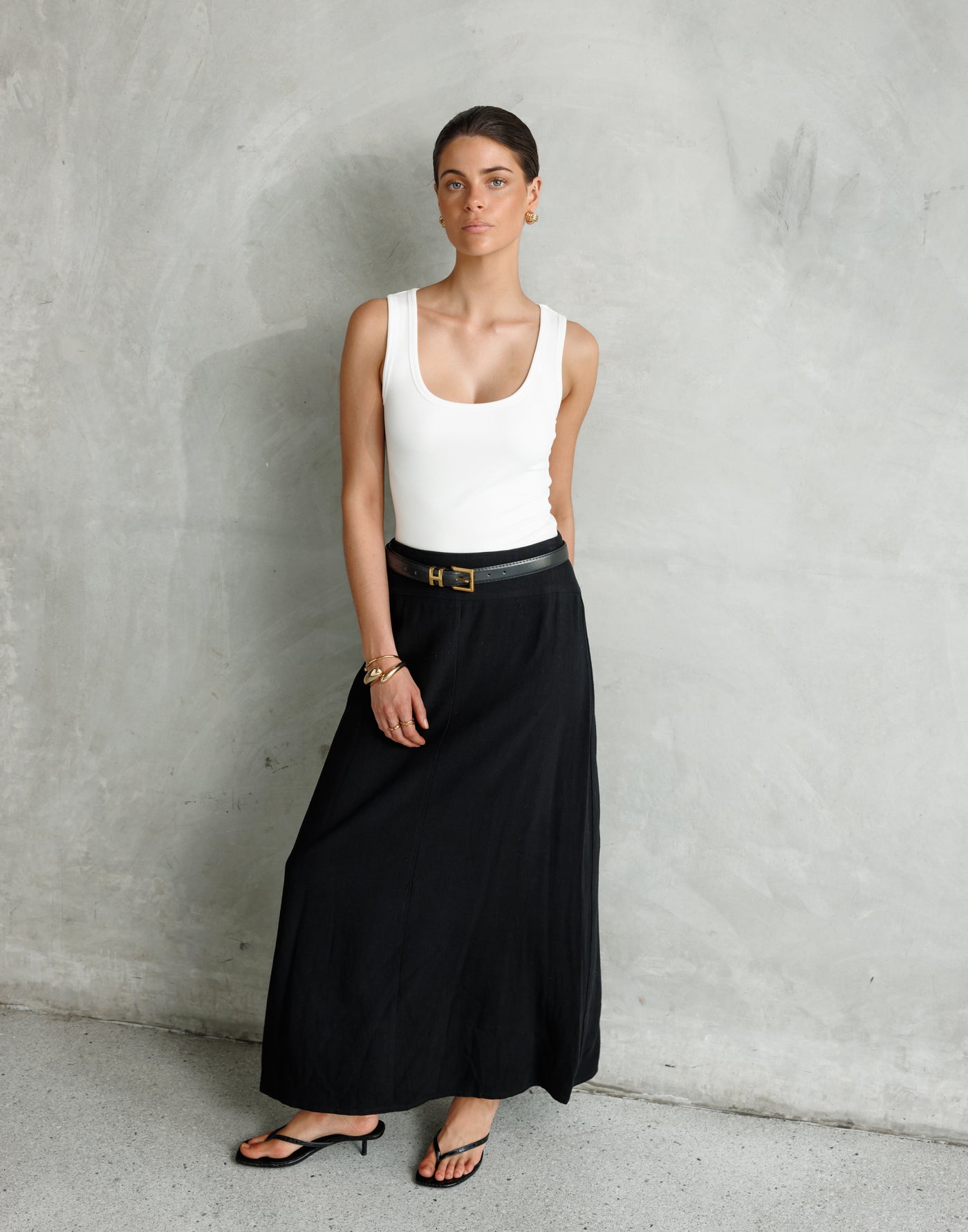 Lillian Maxi Skirt (Black) | CHARCOAL Exclusive - Low to Mid Rise Flared Linen Maxi Skirt - Women's Skirt - Charcoal Clothing