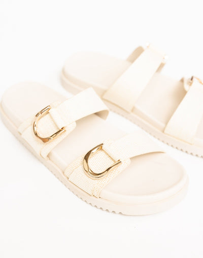 Areli Slides (Cream Raffia) - By Billini - Dual Strap Flat Sole Slides - Women's Shoes - Charcoal Clothing