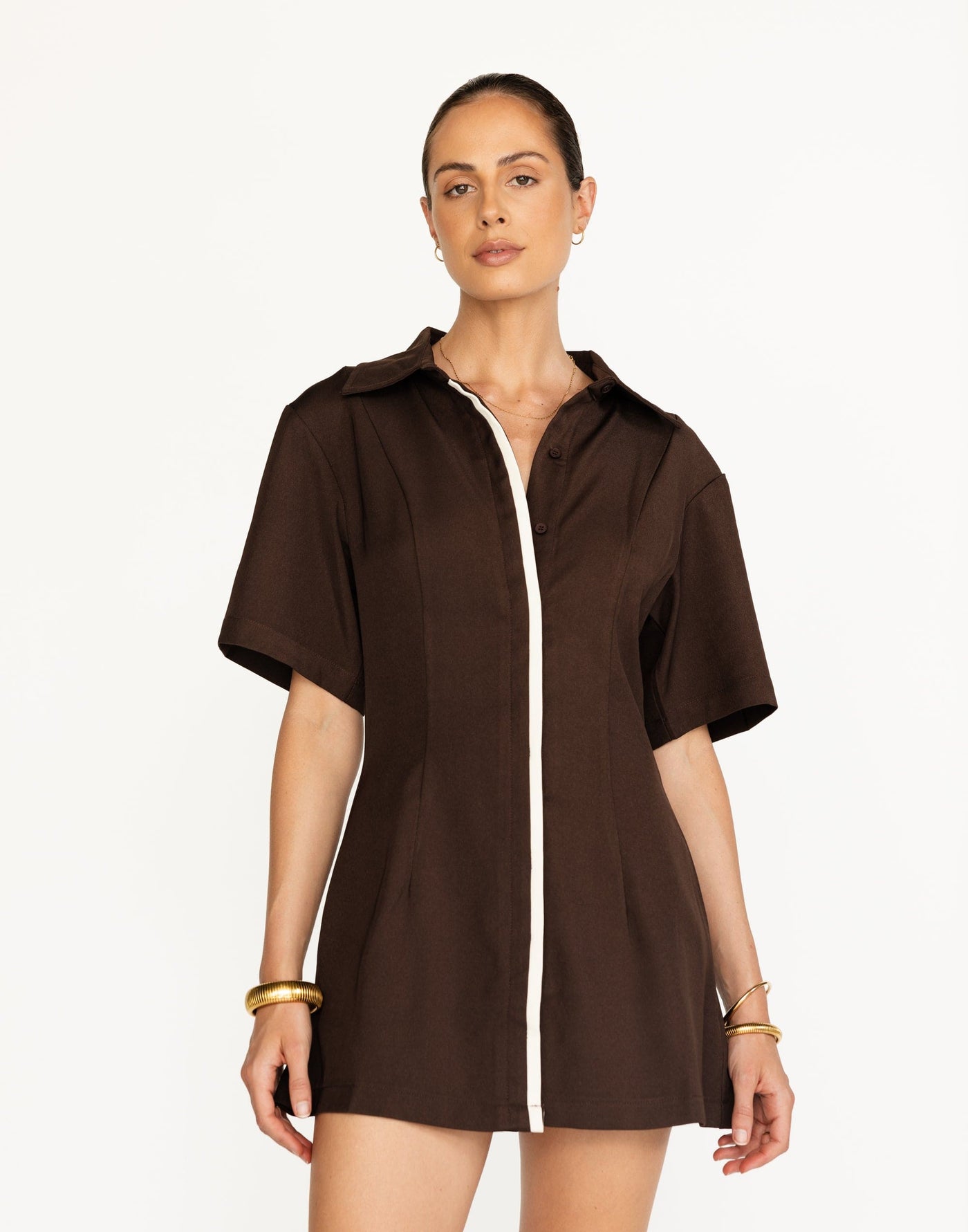 Vero Mini Dress (Coffee) | CHARCOAL Exclusive - Contrast Detailing Bell Sleeve Fitted Waist Maxi - Women's Dress - Charcoal Clothing