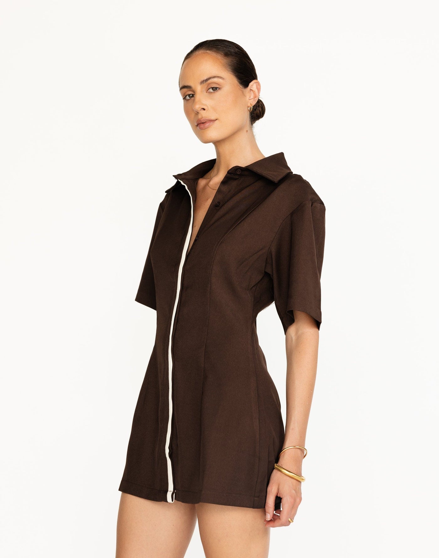 Vero Mini Dress (Coffee) | CHARCOAL Exclusive - Contrast Detailing Bell Sleeve Fitted Waist Maxi - Women's Dress - Charcoal Clothing