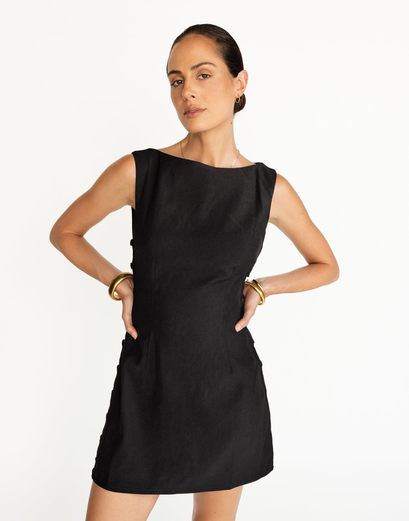 Elowen Mini Dress (Black) | CHARCOAL Exclusive - Button Side Closure Straight Neck Mini - Women's Dress - Charcoal Clothing