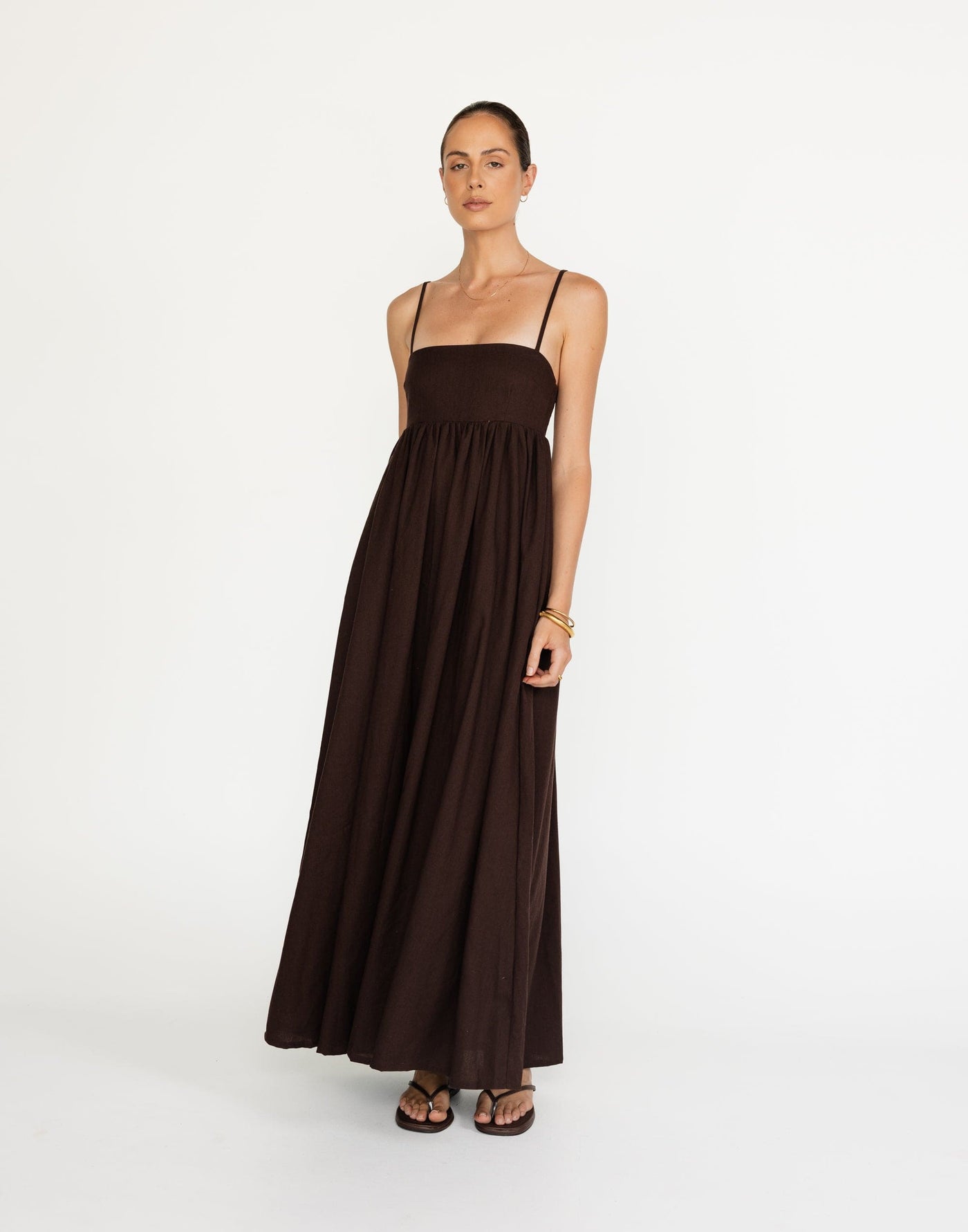 Tarsha Maxi Dress (Chocolate) | CHARCOAL Exclusive - Thin Adjustable Strap Babydoll Style Maxi - Women's Dress - Charcoal Clothing