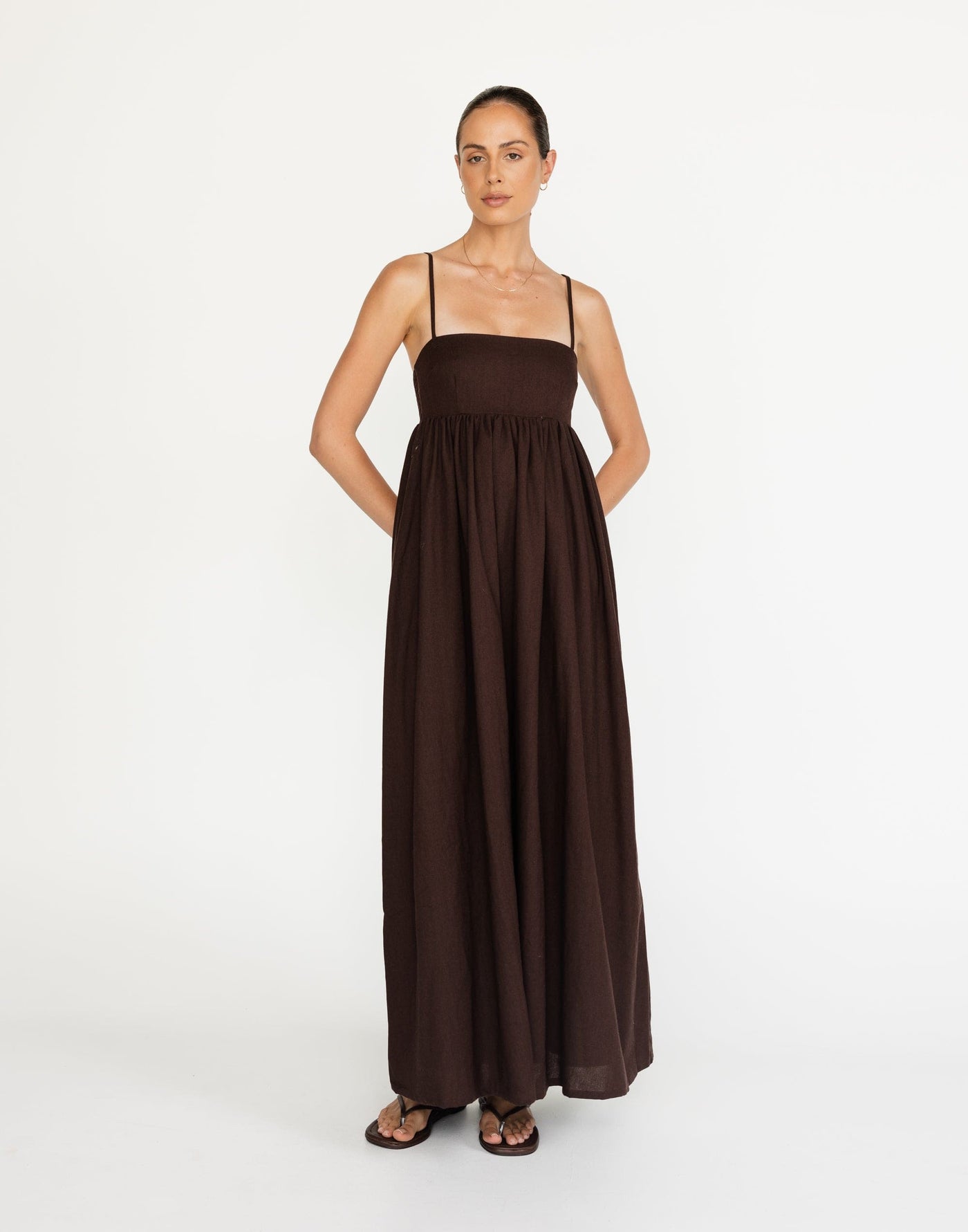 Tarsha Maxi Dress (Chocolate) | CHARCOAL Exclusive - Thin Adjustable Strap Babydoll Style Maxi - Women's Dress - Charcoal Clothing