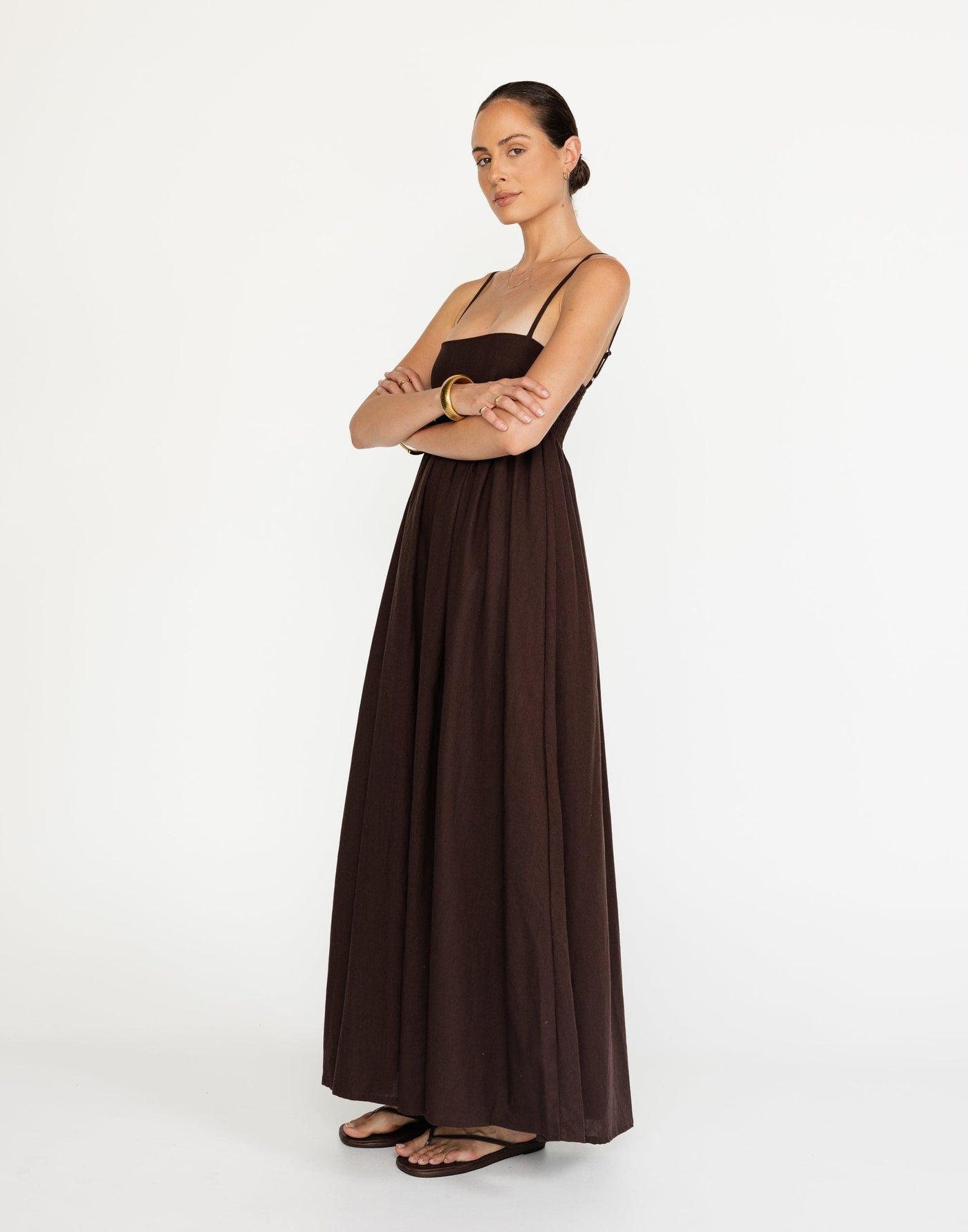 Tarsha Maxi Dress (Chocolate) | CHARCOAL Exclusive - Thin Adjustable Strap Babydoll Style Maxi - Women's Dress - Charcoal Clothing