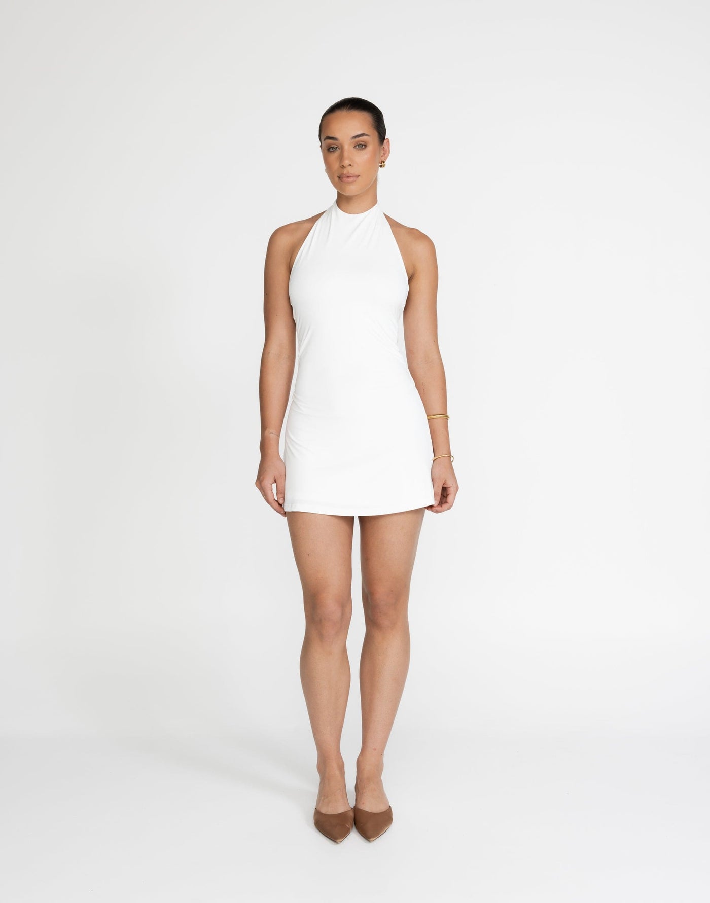 Speakeasy Mini Dress (White) | CHARCOAL Exclusive - Tie Up Halter, Back Gold Detailing - Women's Dress - Charcoal Clothing